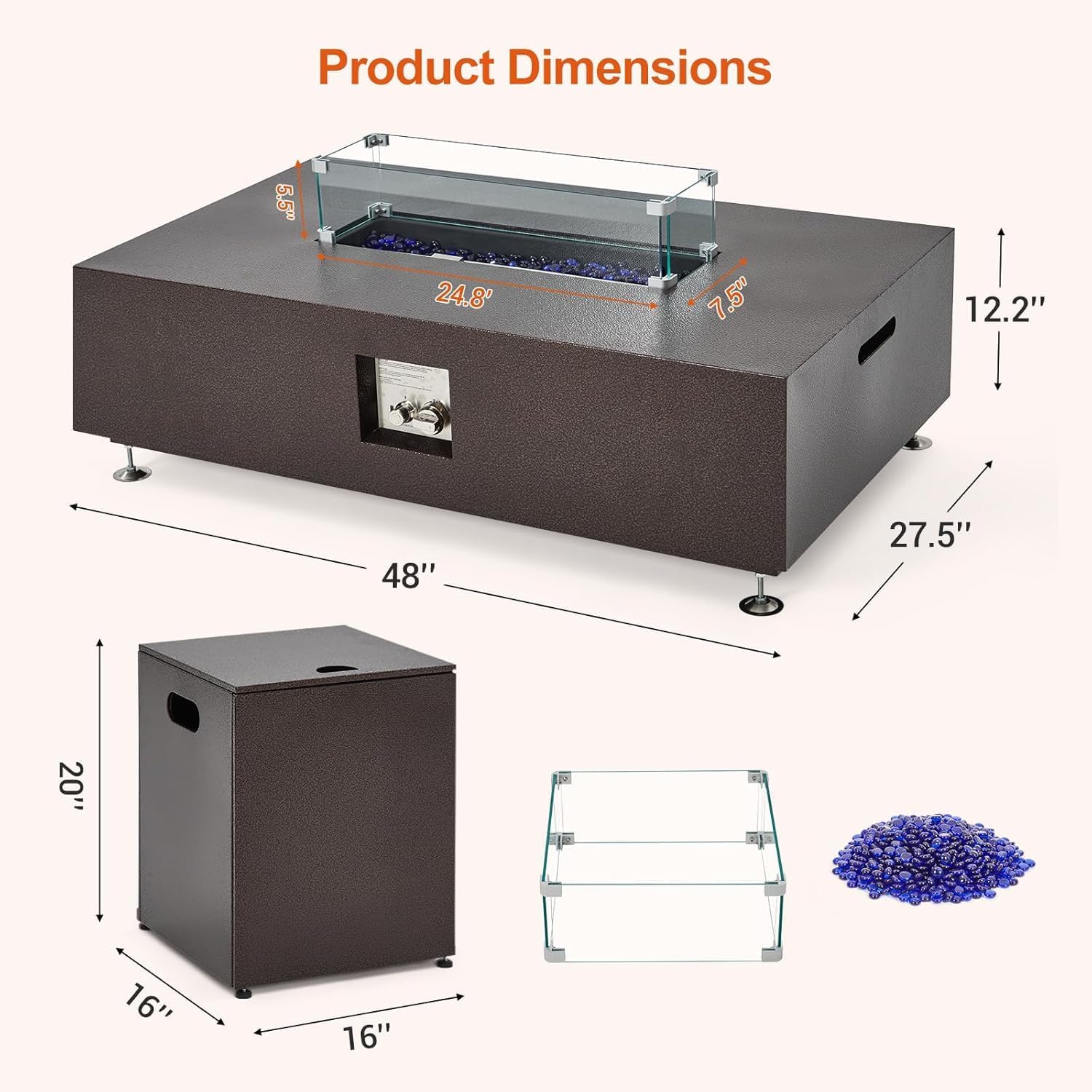 48in Outdoor Propane Gas Fire Pit Table 50000 BTU Iron Rectangle Firepit for Outside Patio with Tank Hidden Table, Wind Guard, Removable Lid, Blue Glass Rocks, Rain Cover