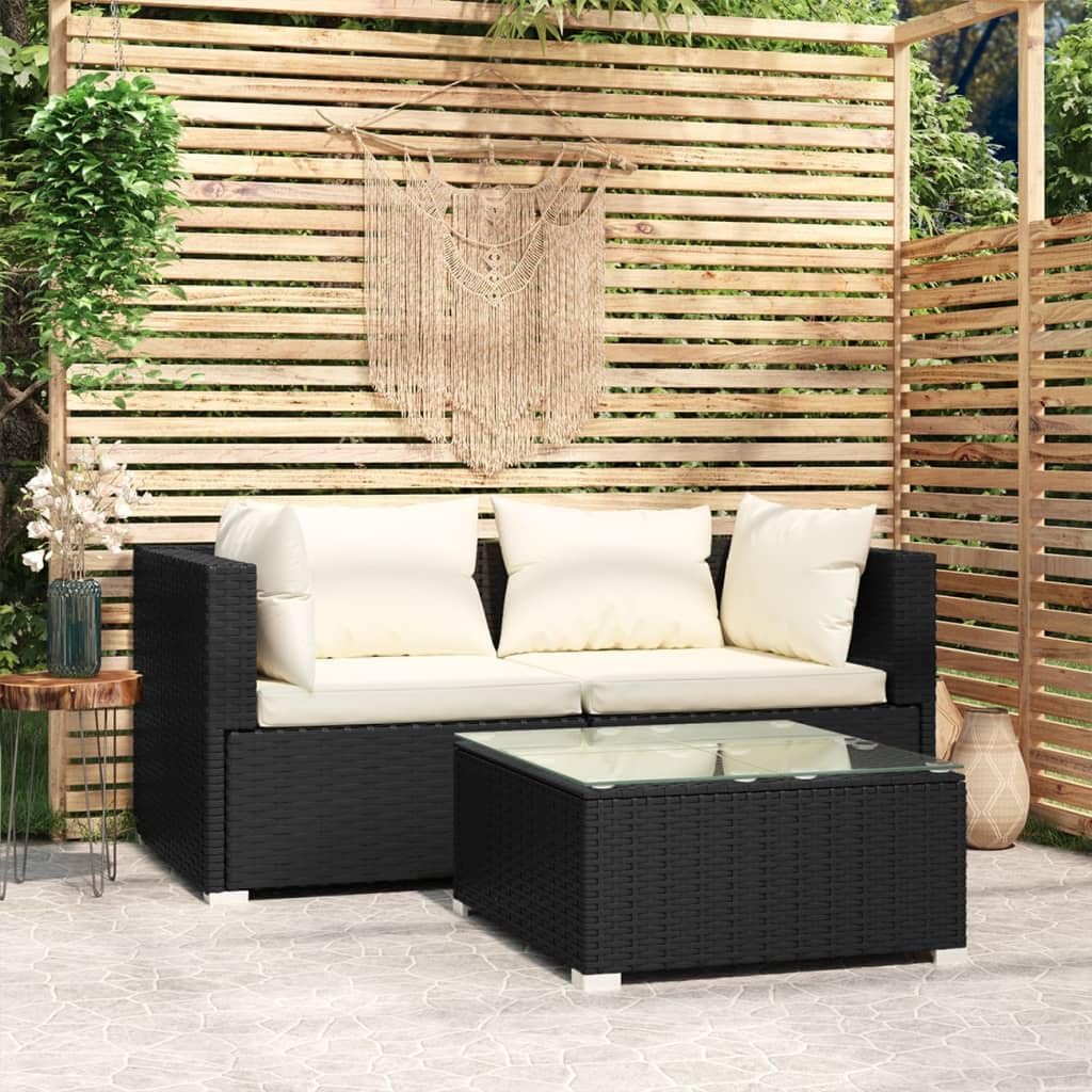 Patio Furniture Set 3 Piece with Cushions Black Poly Rattan Garden Furniture