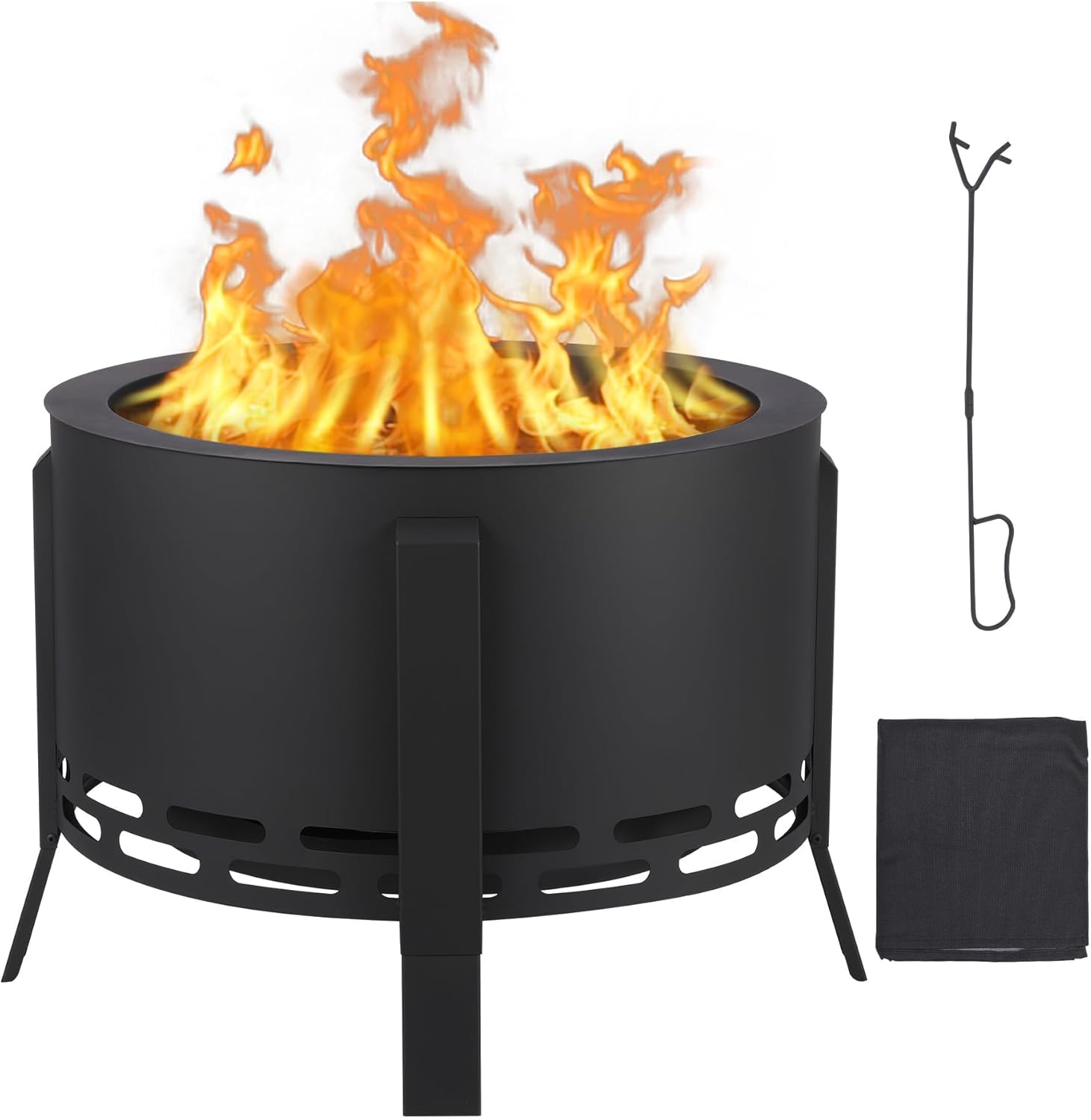 Smokeless Fire Pit 26'', Adjustable Foot Fire Pits for Outside Wood Burning Portable Small Fire Pit with Poker, Stand & Bonfire Pit for Patio, Pitch Charcoal