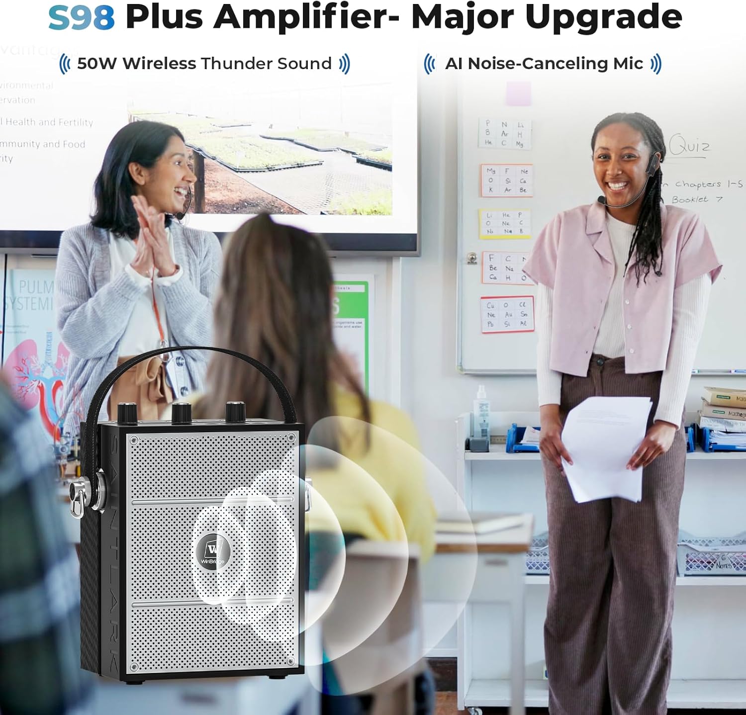 50W Voice Amplifier with 2 Headset Microphones,Microphone with Speaker, Portable Sound System with Microphone,Bluetooth Speaker Megaphone for Teachers, Classroom, Outdoor, Events -S98Plus