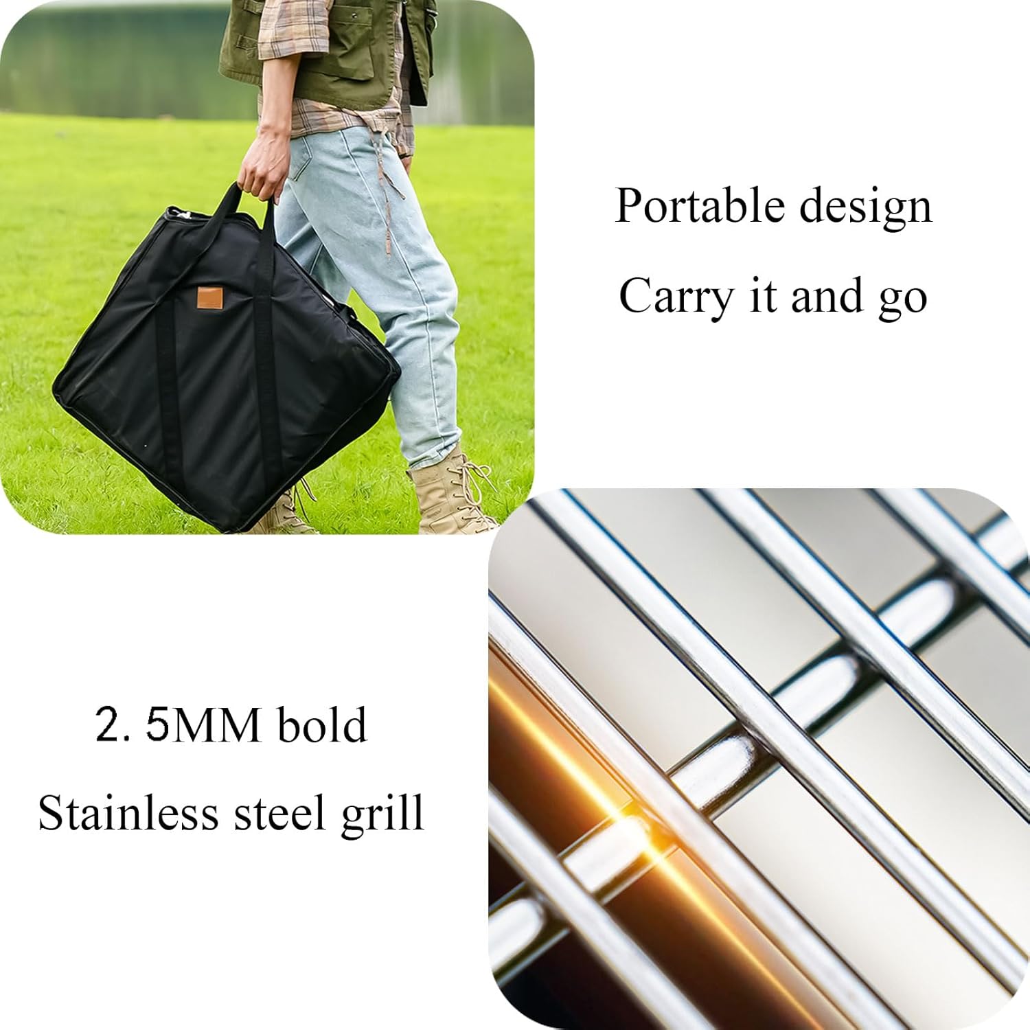 Fire Pit Portable Campfire Pit Collapsible Stainless Steel Grill for Camping Picnic Patio Backyard and Garden with Storage Bag,Large