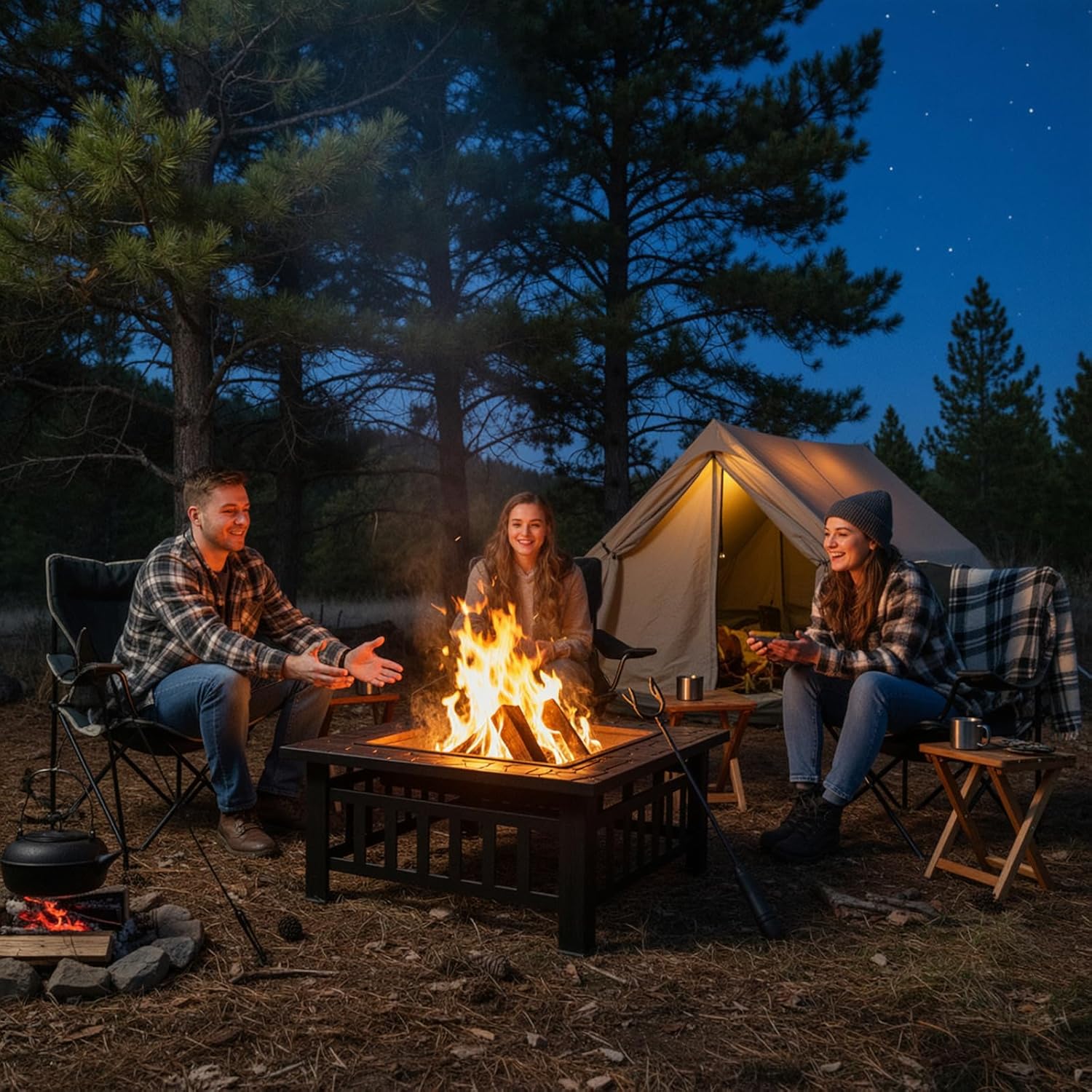 MAMIZO 32 inch Outdoor Fire Pit, Wood Outside Burning Square Metal Firepits Stove Table w/Accessories, Spark Screen, Waterproof Cover, Poker Included for Backyard BBQ Patio Camping Bonfire Heating