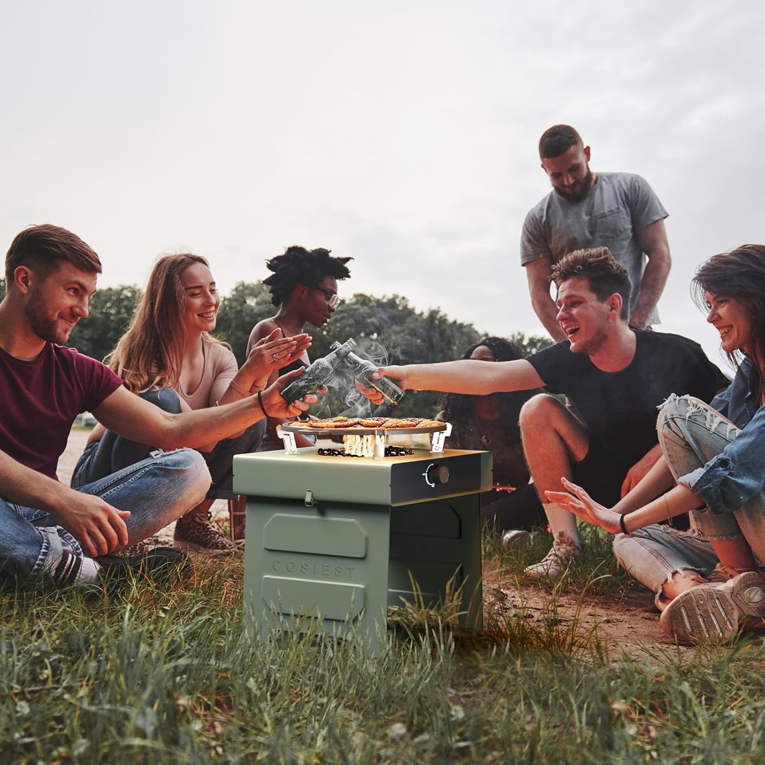 COSIEST 15.7 inch Outdoor Propane Fire Pit, Foldable Smokless Fire Table with Baking Tray, Mini Stainless Seel Iron Fire Pit with Portable Bag, Fire Glass for BBQ, Camping, Party, Yard, Green