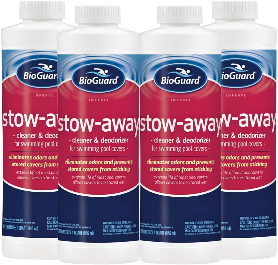 BioGuard Stow Away, 1 qt, Pack of 4, Cleaner & Deodorizer for Swimming Pool Cover, Eliminates Odors, Aids in Stain and Soil Removal, Extends Life of Pool Covers