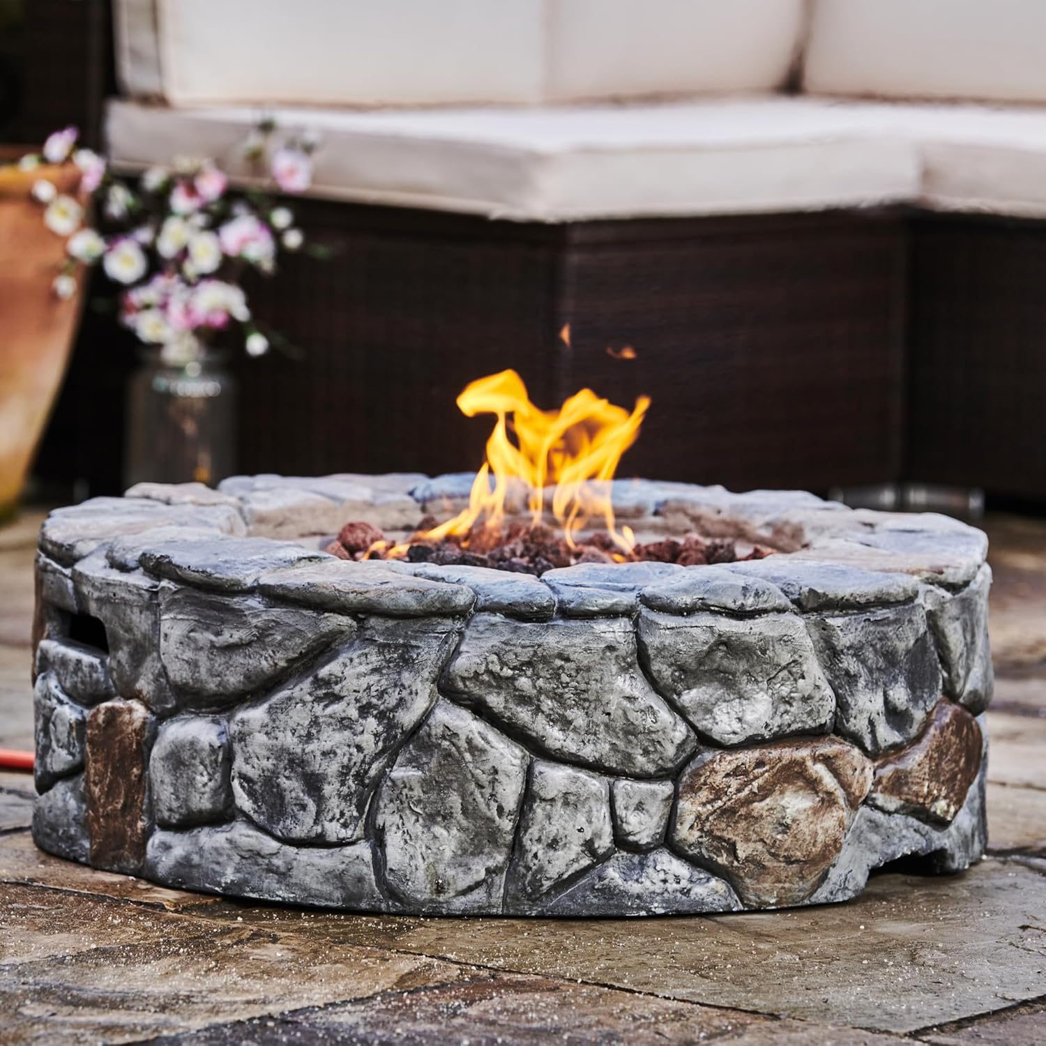 Teamson Home 28 in. Outdoor Round Propane Gas Smokeless Fire Pit with Sturdy Faux Stacked Stone Base, Quick Ignition and Weather-Resistant PVC Cover, Gray