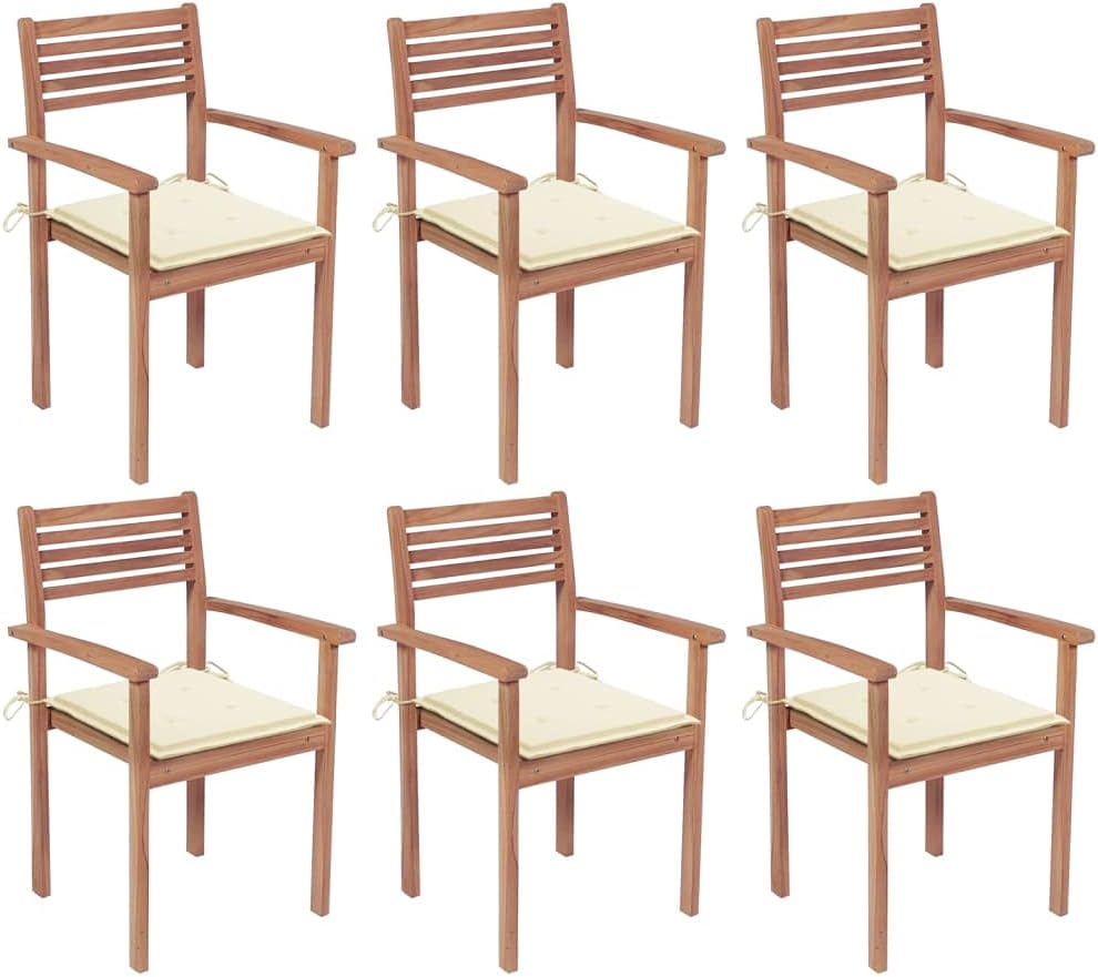Stackable Patio Chairs with Cushions 6 pcs Solid Teak Wood Outdoor Furniture, Outdoor Chairs