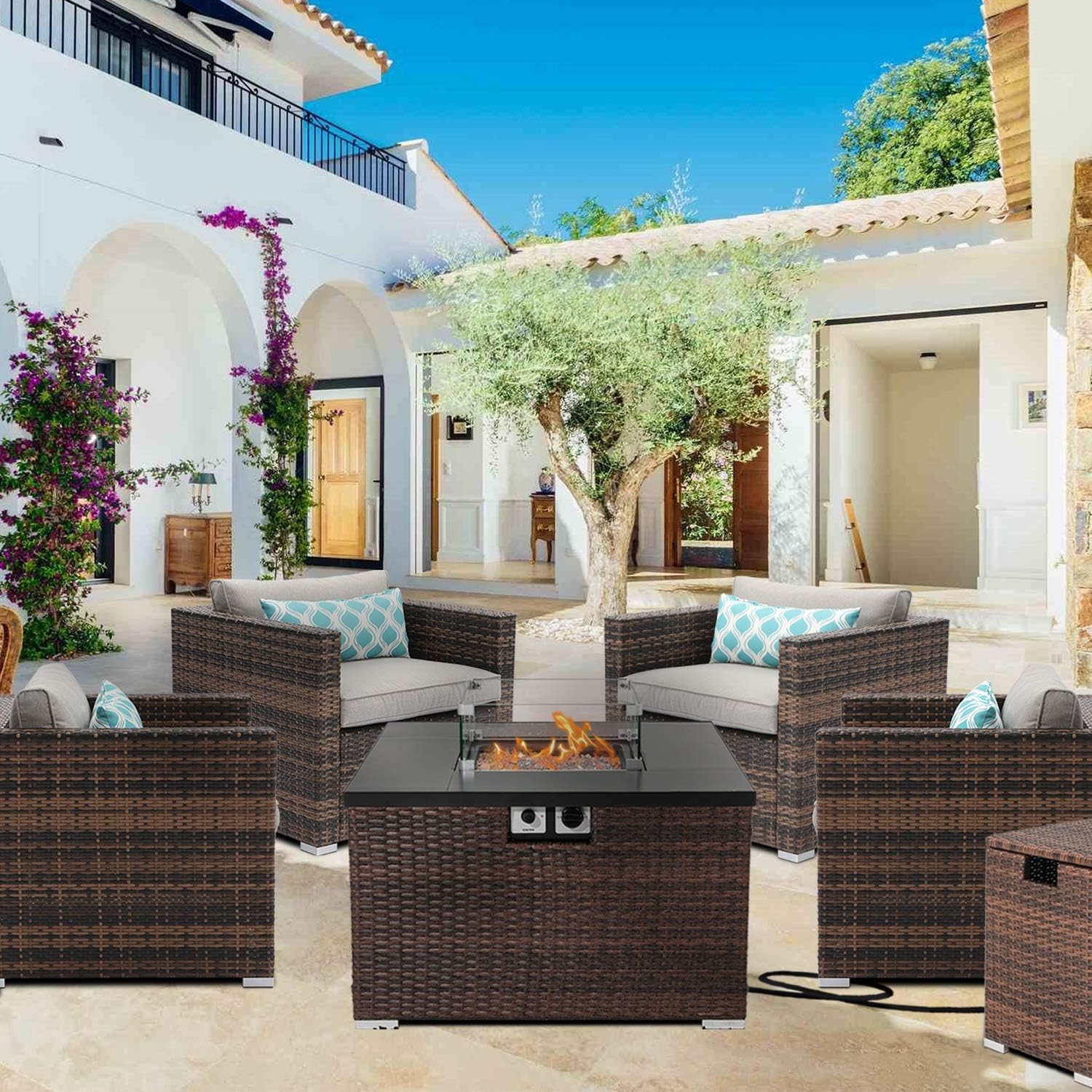 AQUILLA 6-Piece Patio Furniture, 32 inches 40000 BTU Square Wicker Fire Table w Wind Guard Glass for Garden