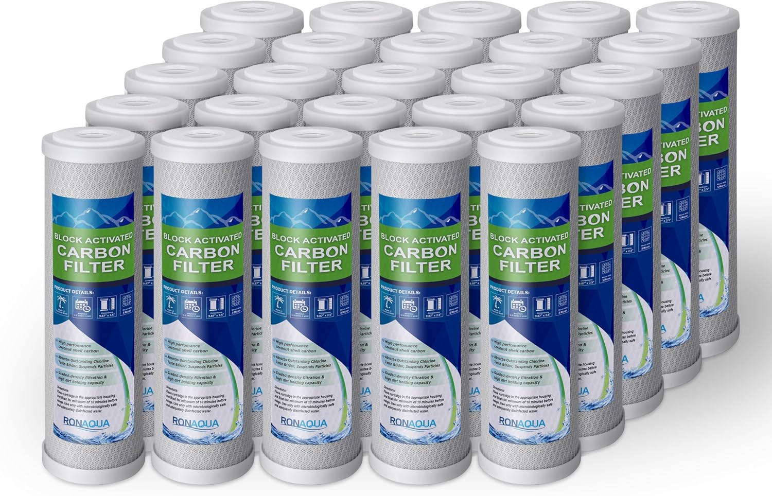 Block Activated Carbon Coconut Shell Water Filter Cartridge 5 Micron for RO & Standard 10” Housing WELL-MATCHED with WFPFC8002, WFPFC9001, WHCF-WHWC, WHEF-WHWC, FXWTC, SCWH-5 (25 Pack)