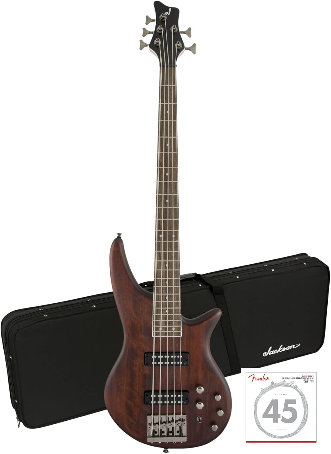 Jackson JS Series Spectra Bass JS3V 5-String Electric Guitar (Right-Handed, Walnut Stain) Bundle with Polyester Protective Hardshell Gig Bag with Zipper Pocket (Black), and Steel Strings (3 Items)