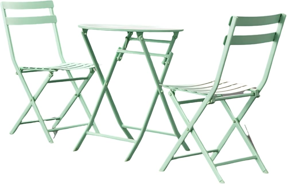 3 Piece Scandinavian Patio Bistro Set, Iron Bistro Table with 2 Folding Chairsr Garden Furniture Set for Camping, Lawn, Deck, Green