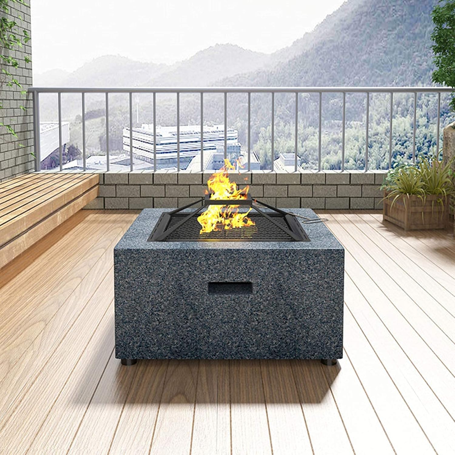 Small Firepit, Fire Pit with BBQ Grill Shelf, for Garden Patio Outdoor, Fire Bowl Out of Steel with an Edging of Artificial Stone with Waterproof Cover