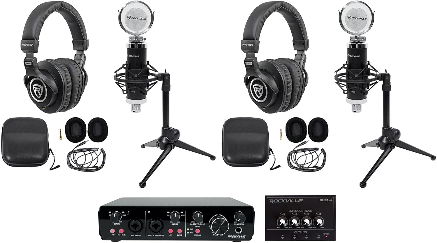 Rockville R-TRACK 2x2 Bundle: USB Audio interface 24 Bit 192 kHz, (2) RCM03 condenser mics, (2) PRO-M50 headphones, (2) RDTS desktop stands, RHPA4 4-channel amp, 3 ft TRS cable, 9-items
