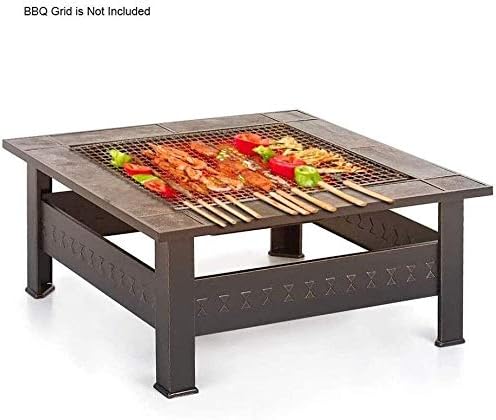 Fire Pits Outdoor Wood Burning Fire Pit with BBQ Grill Shelf,Outdoor Metal Brazier Square Table Firepit Garden Patio Heater with Waterproof Cover with Cover BBQ Cooking for Outside Camping Backyar