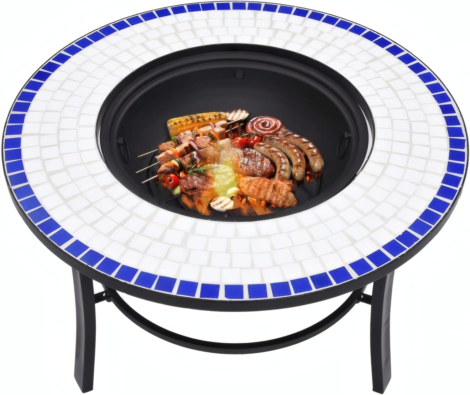 Penau Mosaic Ceramic Fire Pit Bowl, Outdoor Round Firepit with Three Leg Steel Stand, Blue and White Mosaic Tabletop Surround, Includes Fire Grid, 26.8 x 26.8 x 17.7 Inchs