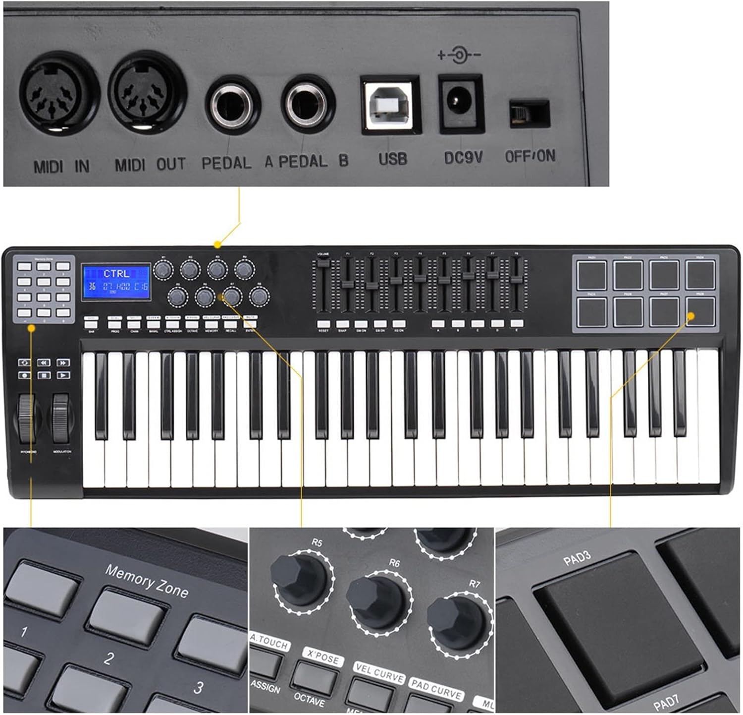 Keyboard Piano 49 Portable 49-Key USB MIDI Keyboard Controller 8 RGB Colorful Backlit Trigger Pads with USB