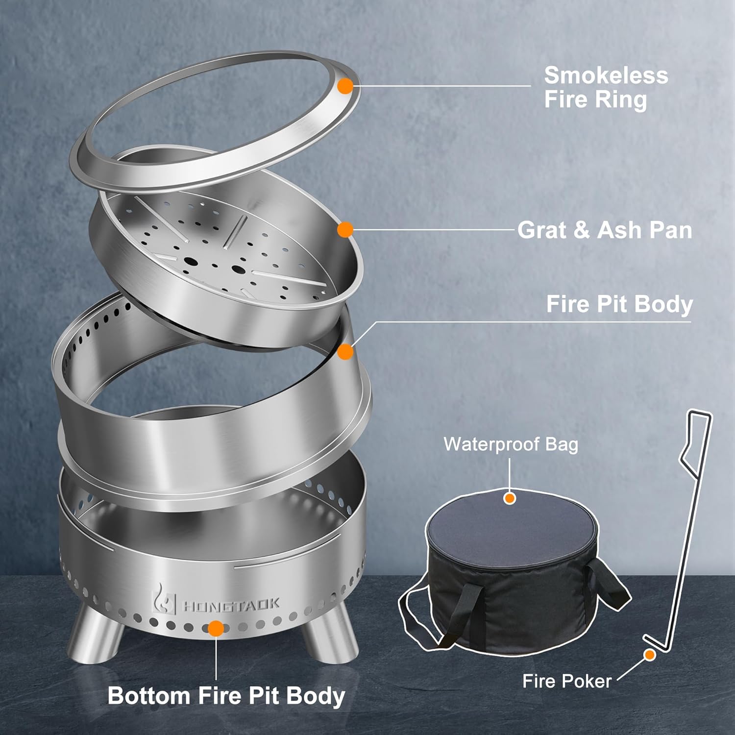 Smokeless Fire Pit with Waterproof Bag, 20 Inch Stainless Steel Fire Pits for Outside Wood Burning, Smokeless Firepit Outdoor Bonfire, Removable Ash Pan, Portable for Camping, Backyard