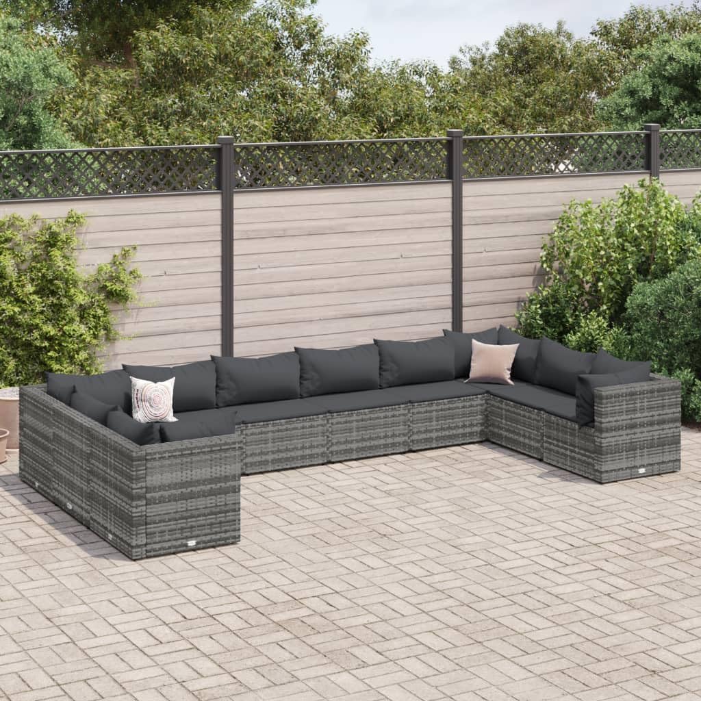 Patio Set 10 Piece Patio Lounge Set with Cushions Gray Poly Rattan