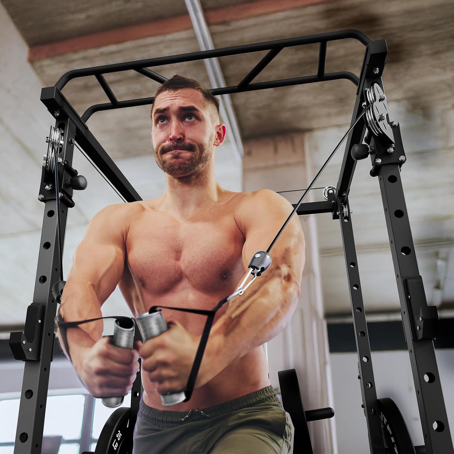 RitFit Multi-Function Squat Rack Power Cage PPC-P3 with Cable Crossover System, 1200LBS Capacity Power Rack and Packages with Optional Weight Bench, Barbell Weight Set, for Garage Workout & Home Gym