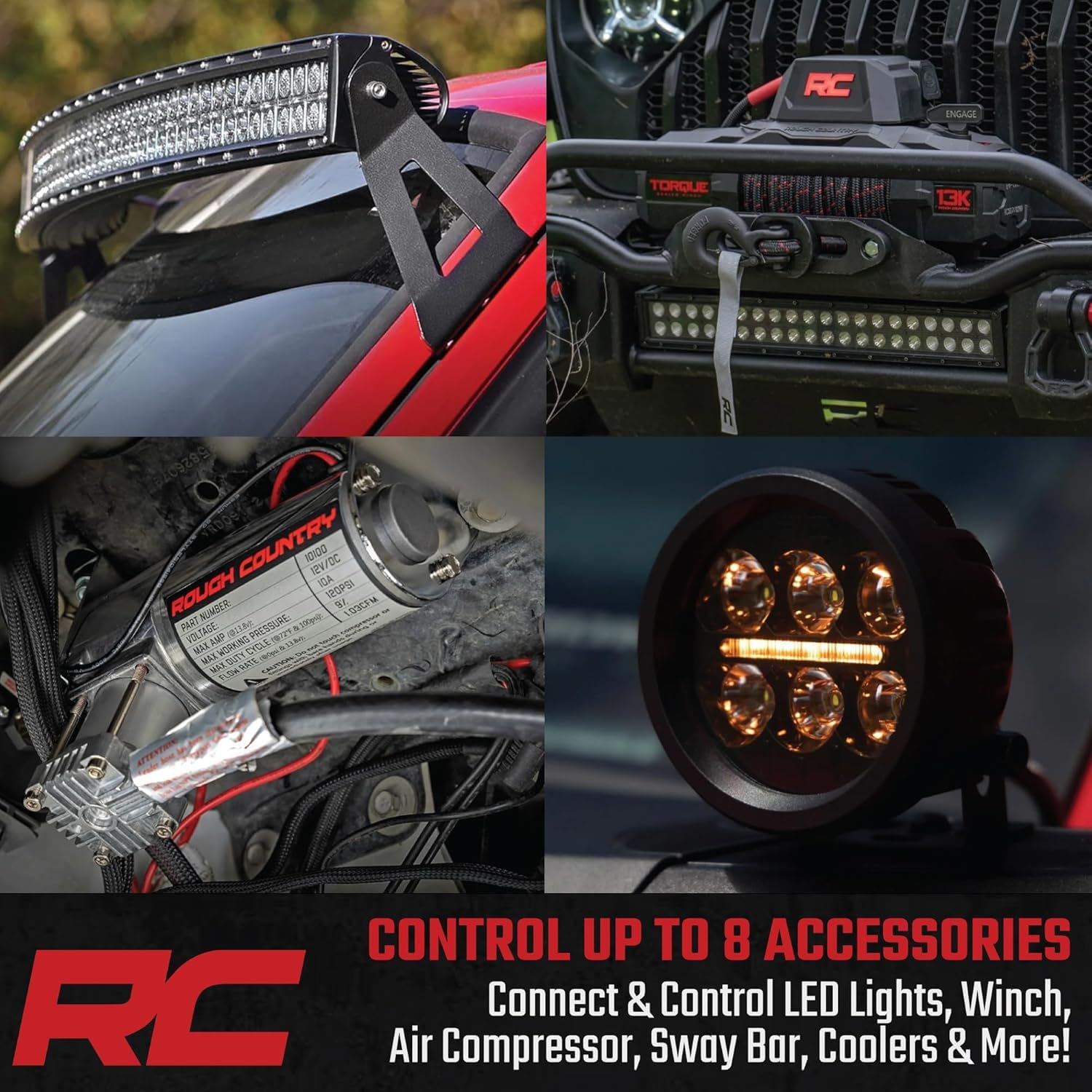 Rough Country 8-Gang Bluetooth RGB Backlit Switch Panel & Relay System - Universal Light & Off-Road Accessory Controller for Truck, Jeeps, UTV, 60A