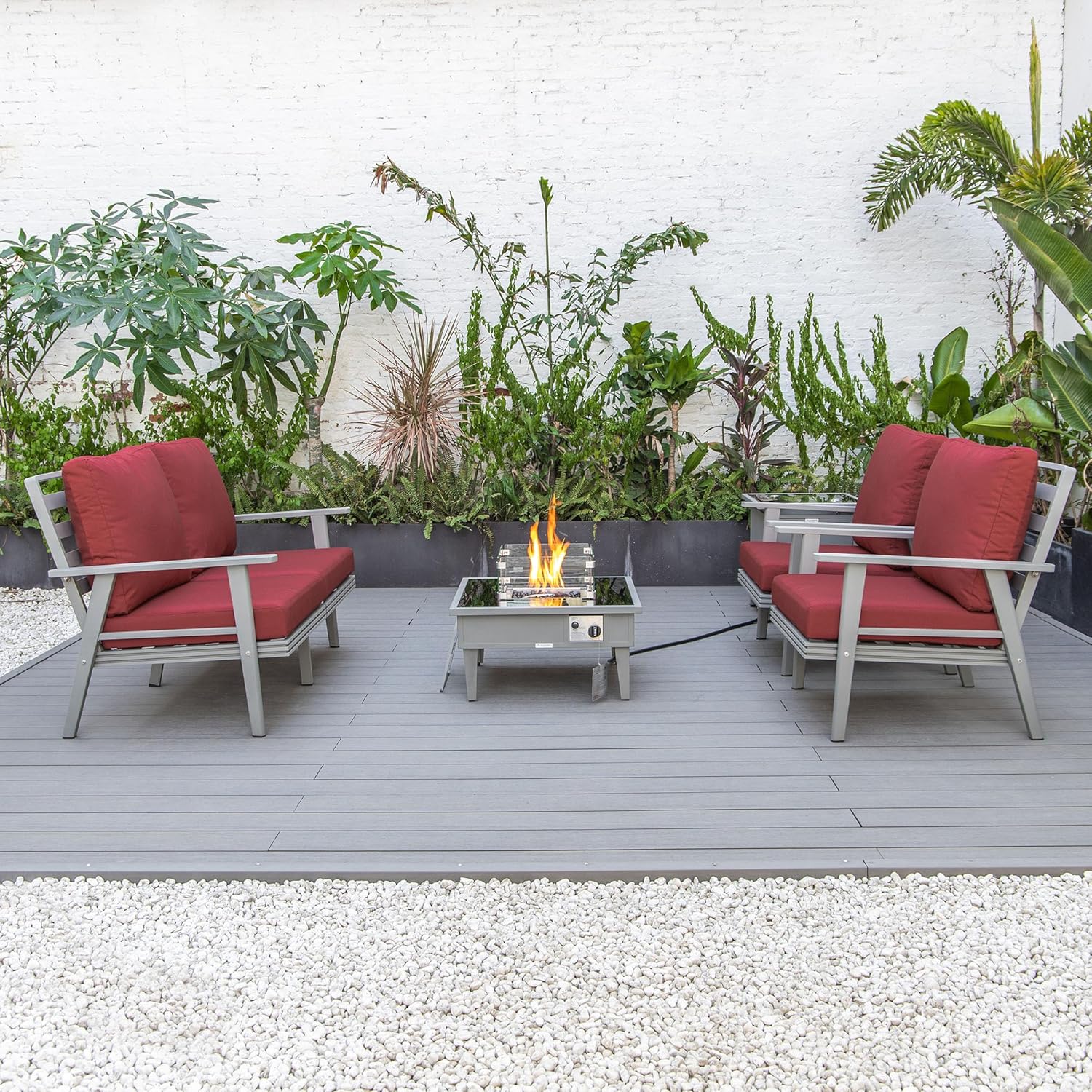 LeisureMod Walbrooke Modern Aluminum 5-Piece Patio Conversation Set with Outdoor Square Fire Pit Table & Side Table Tank Holder (Red)
