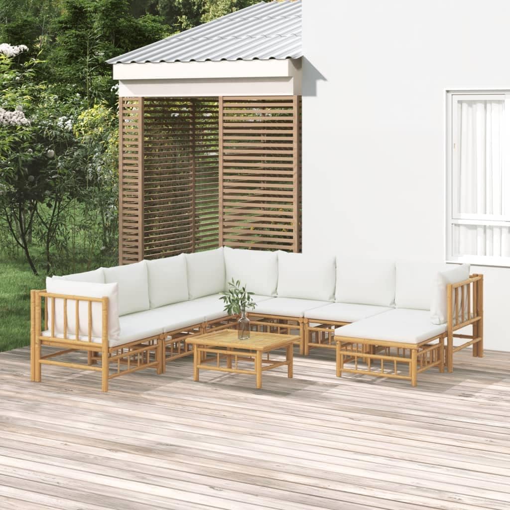 9 Piece Patio Lounge Set with Cream White Cushions Bamboo,Bamboo Patio Lounge Set with Comfortable Seating for Outdoor Spaces Patio Furniture, Outdoor Furniture Sets