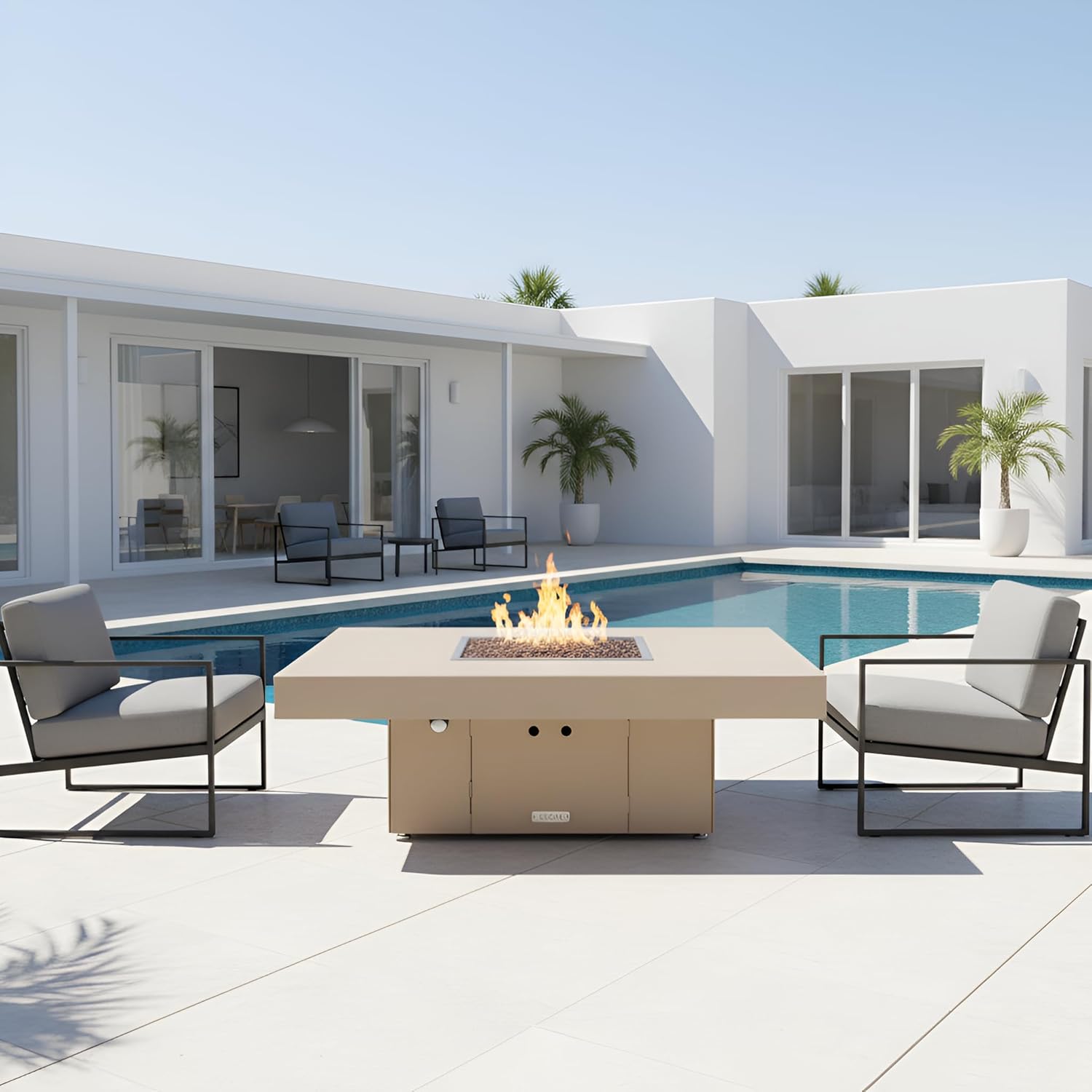 COOKE Santa Barbara 48 x 36 Rectangular Fire Pit Table - Beige Powdercoat Aluminum Top - Propane (Beige Powdercoat Base)