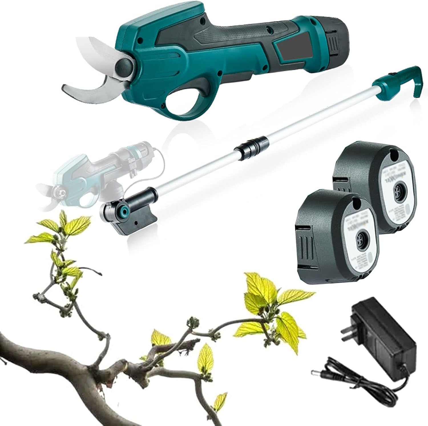 Cordless Pruning Shears Electric Pruning Shears Tree Branch Pruner Lithium Battery Powered with Extension Pole, 2 Rechargeable Battery, Tree Branch Scissors for Garden High Branch Pruning Graftin