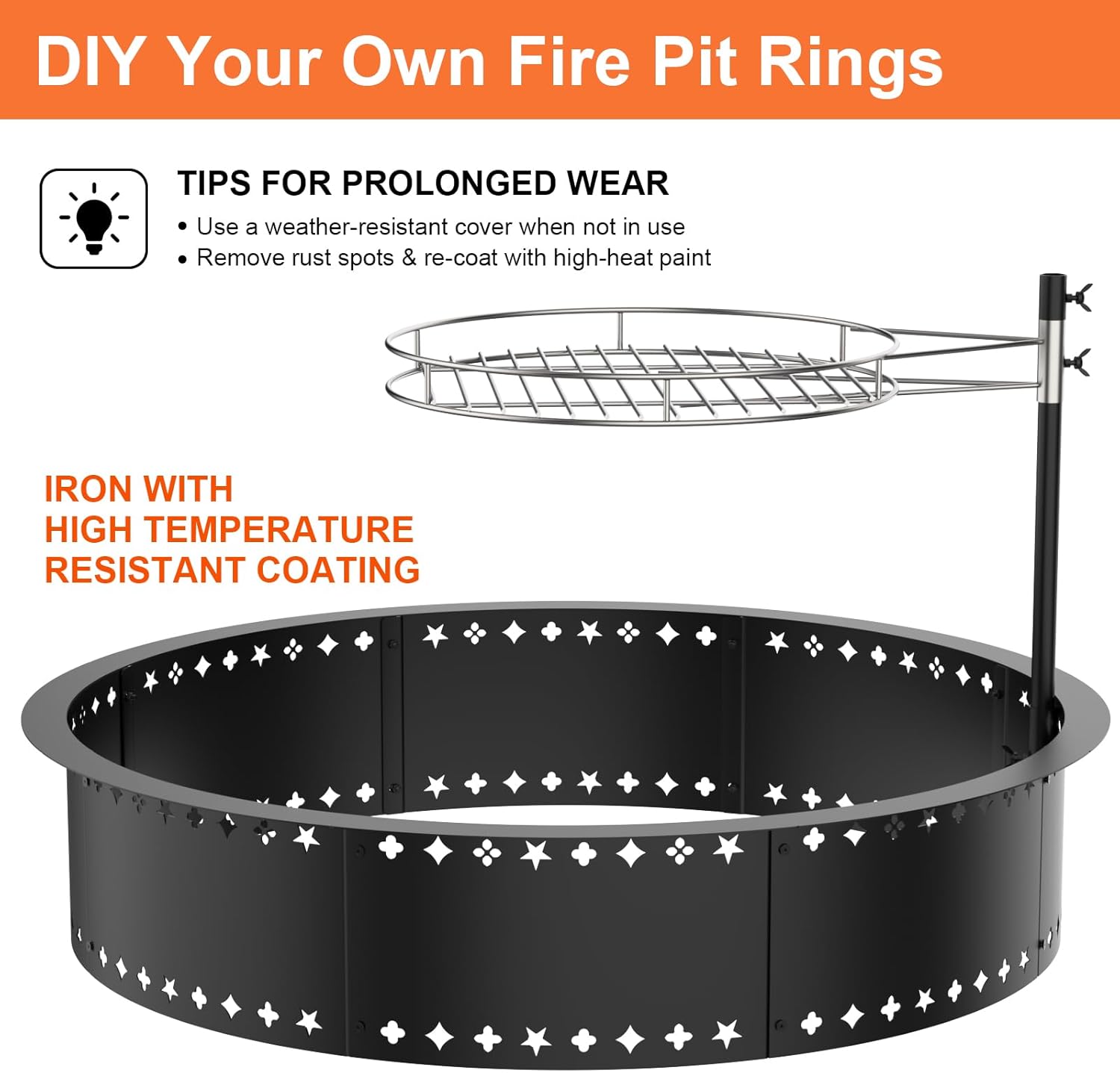 36inch Fire Pit with Grill, DIY Smokeless Firepit Bowl Metal Fire Rings for Outside, Large Round Smokeless Firepit Insert, Heavy Duty Carbon Steel Fire pits for Camping and Patio