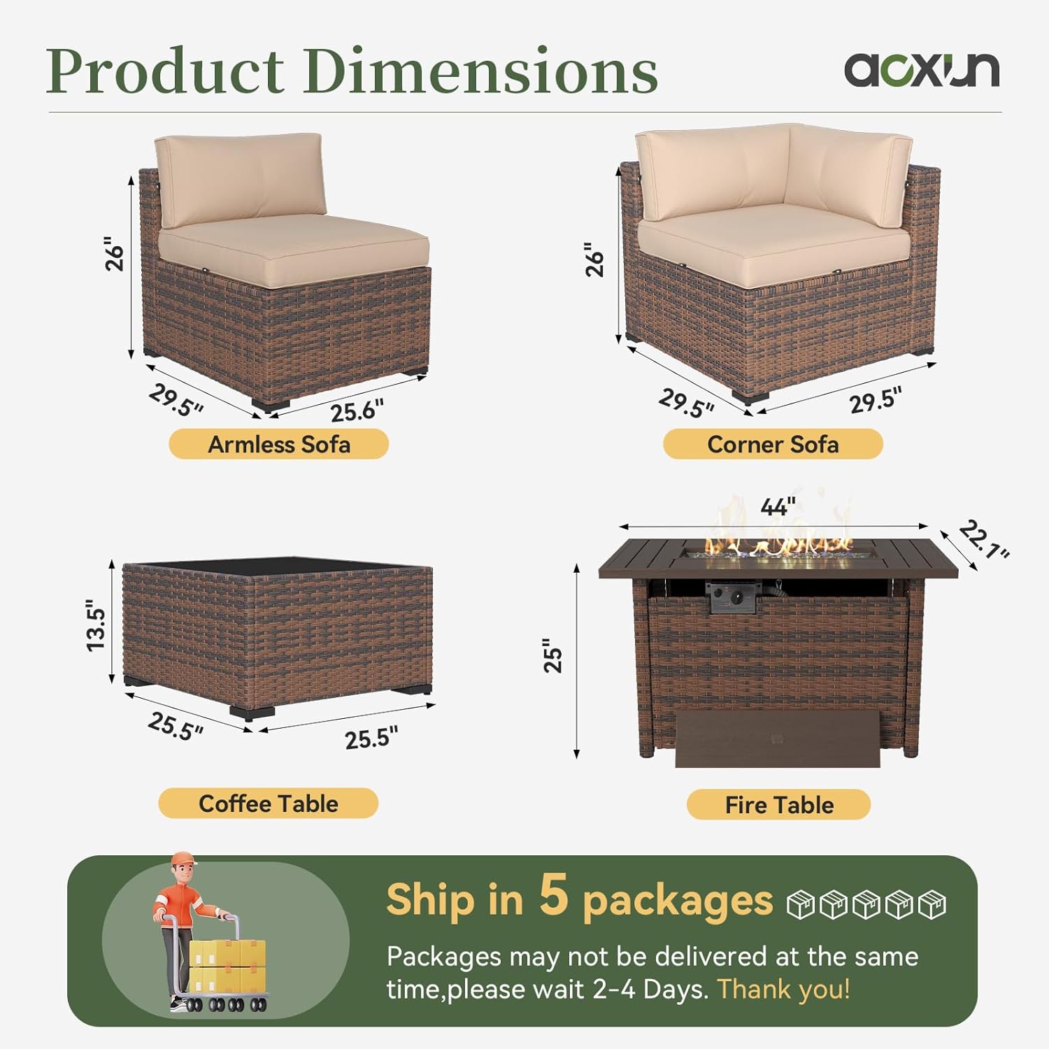 Aoxun 15 Piece Patio Furniture Set with 44” Fire Pit Table Wicker Rattan Outdoor Sectional Sofa Set with Coffee Table and Thickened Cushions, Beige (Waterproof Cover Included)