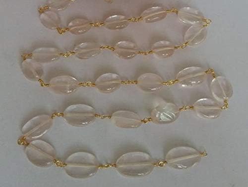JEWELZ 3 feet natural rose quartz smooth oval beaded chain - 24k gold plated wire wrapped chain - oval beaded chain - beads 6x8mm