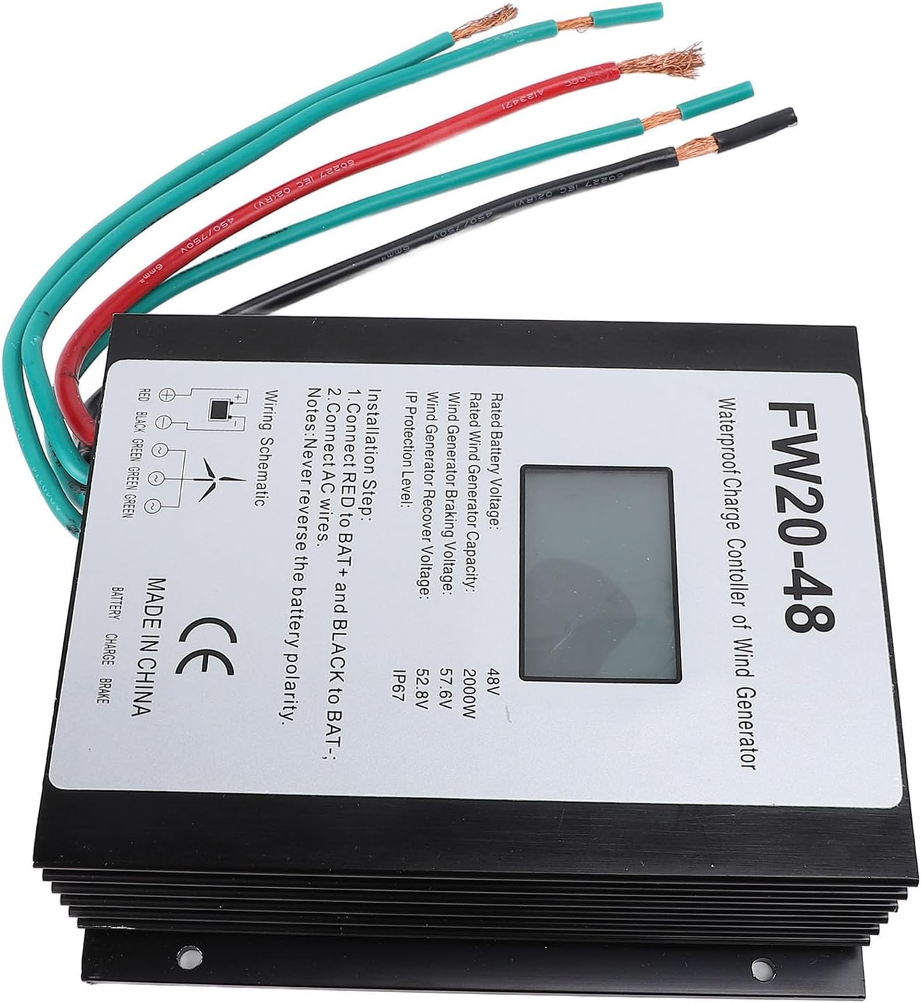 Pilipane 2000W Wind Turbine Charge Controller 48V IP67 Water MPPT Wind Turbine Generator Controller with LED Display for Home Use Aluminum Alloy Shell