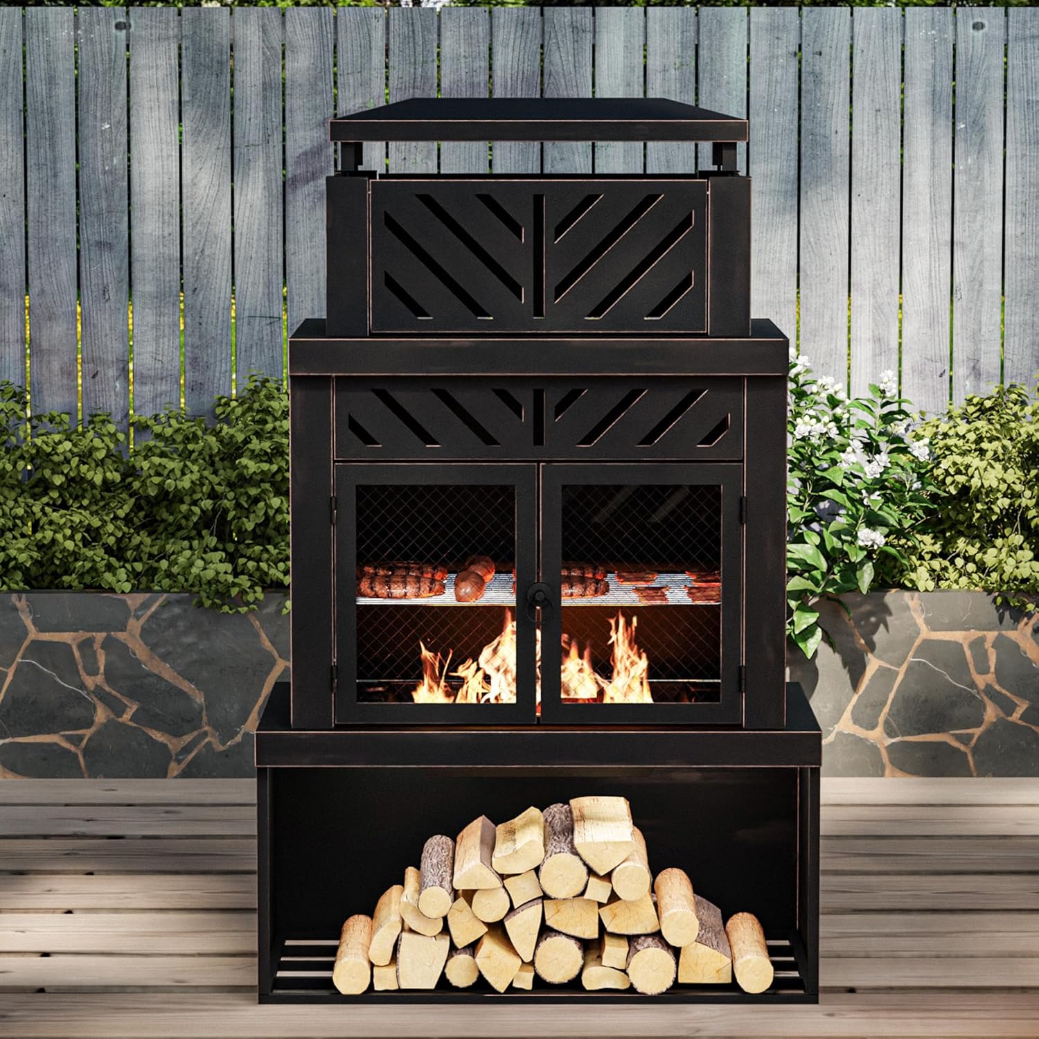 Outdoor Fireplace with Chimney and Wood Storage, Metal Wood Burning Fire Pit with Heat Resistant Gloves, Fire Poker and Grill Mesh, Outside Fireplace for Patio, Garden and Deck, Black