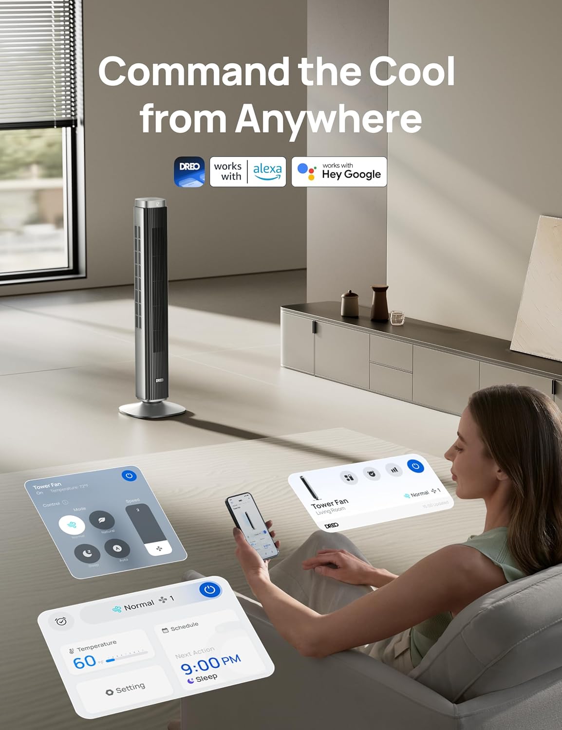 Dreo Tower Fan for Bedroom, Standing Oscillating Fan with 40ft Far Airflow, 25dB Quiet, 12 Speeds, 28ft/s Velocity, Smart Control, DC Motor, 42 inch, 90° Oscillation, 4 Modes, 12H Timer, Pilot Pro S