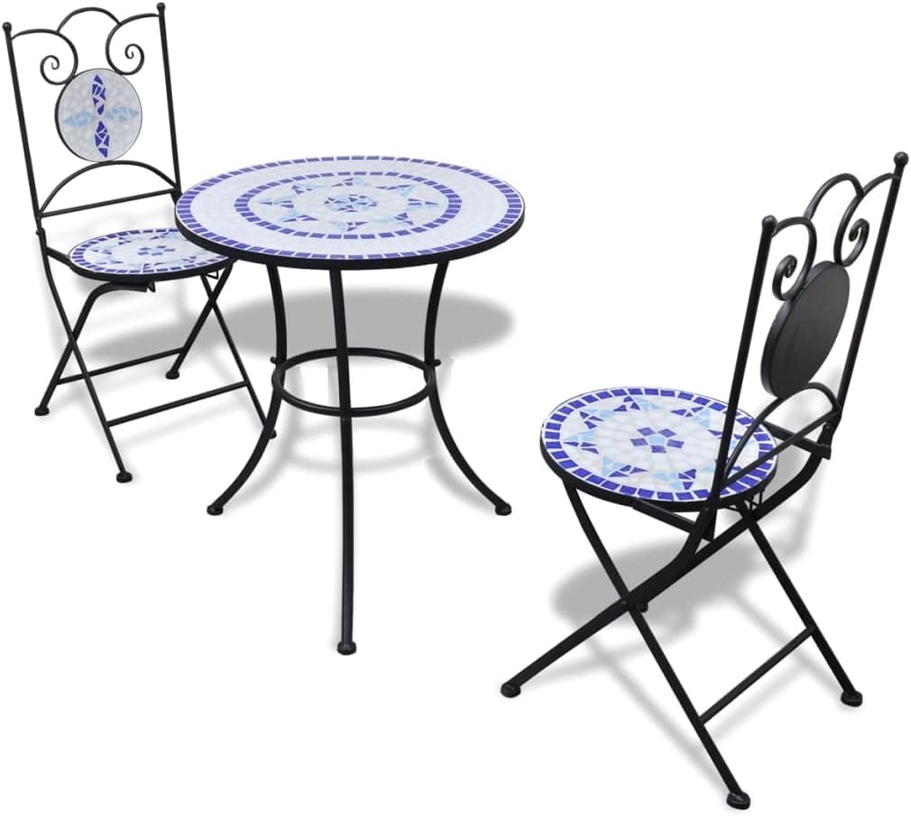 3 Piece Bistro Set Ceramic Tile Blue and White,Decorative Mosaic Bistro Set: for Outdoor Relaxation Patio Furniture Sets, Outdoor Furniture Sets