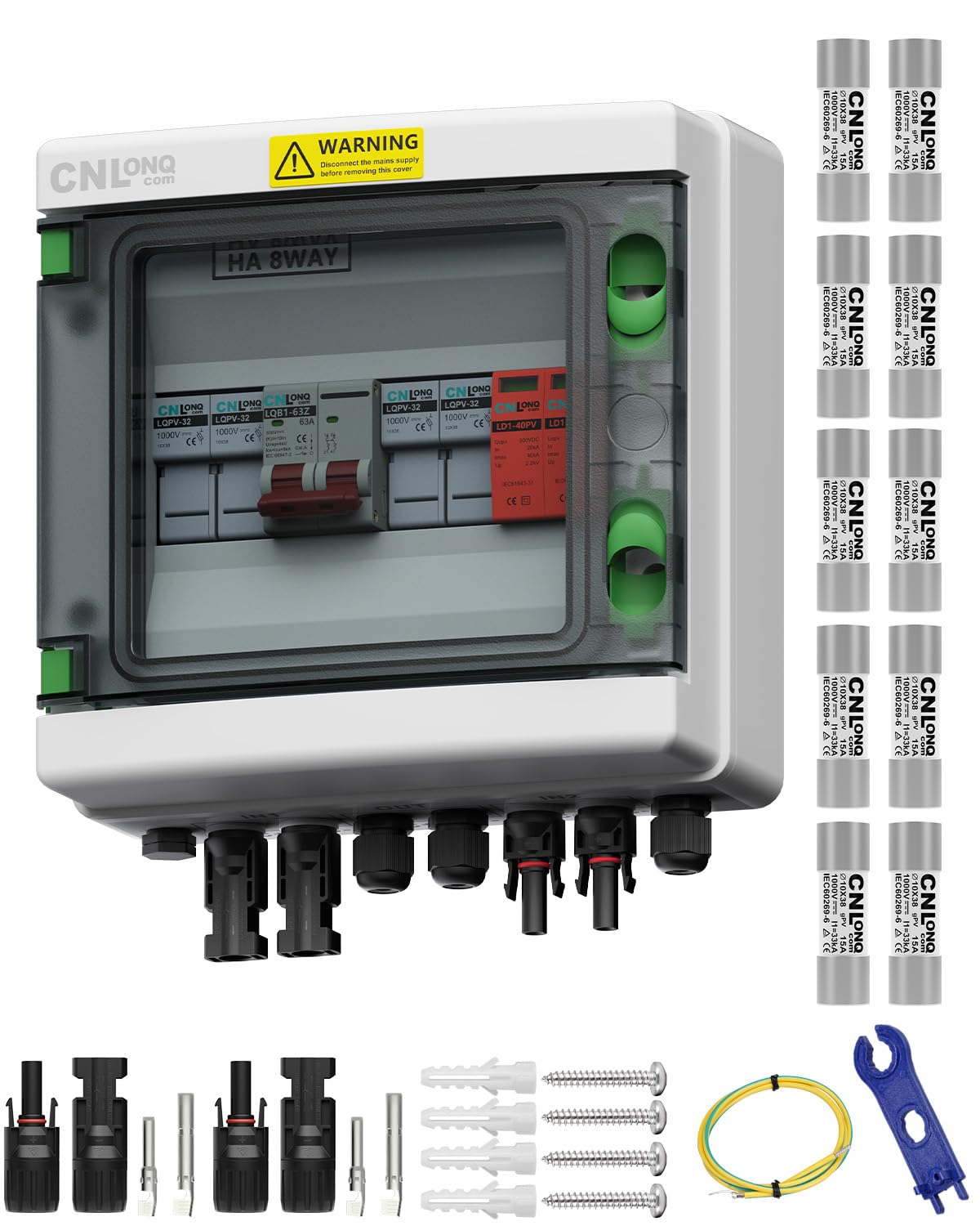 2 String Solar PV Combiner Box with 10pcs Fuse Link 15A 1000V DC IP65 2 in 1 Out DC500V 63A Circuit Breaker with Surge Protector and 30A PV Fuse,Solar Disconnect Switch Outdoor Waterproof for Solar Pa