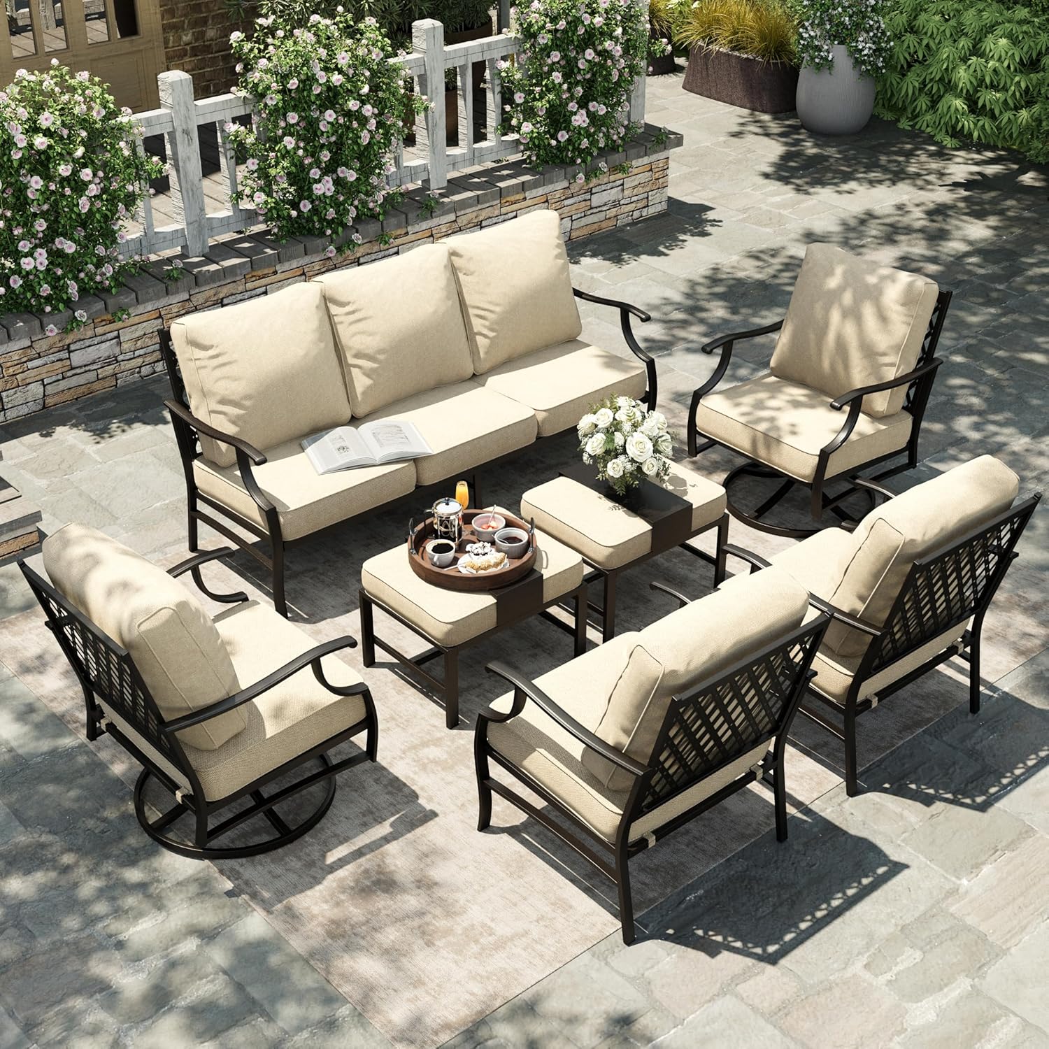 HERA'S HOUSE 7 Piece Patio Furniture Set, 2 x Swivel Chair, 2 x Fixed Chair, 2 x Ottoman, 1 x 3-Seat Sofa, All Cushioned Outdoor Conversation Set for Lawn Garden Backyard
