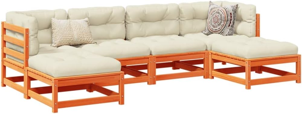 6 Piece Patio Sofa Set with Cushions Wax Brown Solid Wood Pine,Comfortable Outdoor Sofa Set with Padded Cushions and Modular Design for Patio, Terrace or Garden Patio Furniture Sets