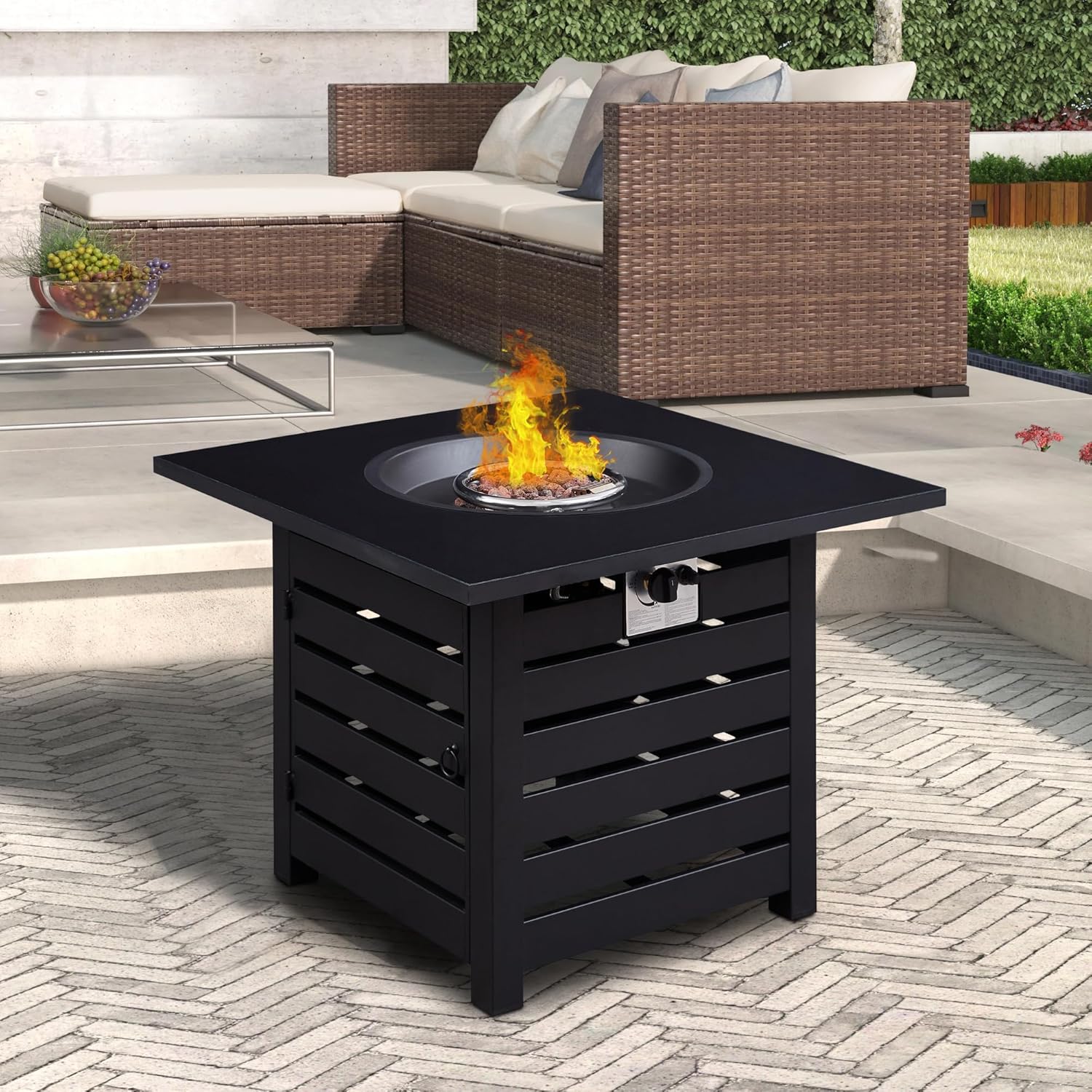 Fire Pit Table, 32-inch Square 50,000 BTU Auto-Ignition Propane Firepit with Waterproof Cover
