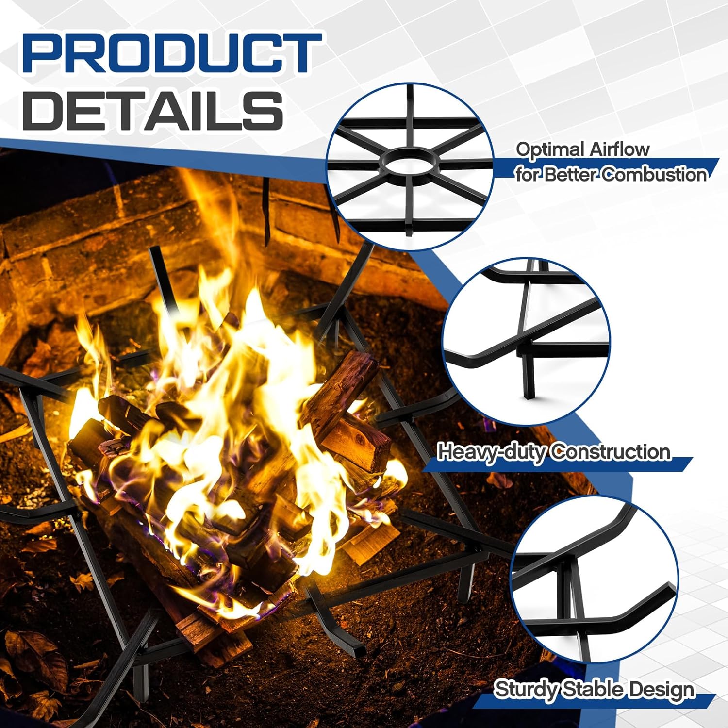 24 x 24 Inch Square Wheel Fire Pit Grate, Heavy Duty Fireplace Grate for Outdoor Wood Burning, Fire Pits, Fireplace Hearth & Campfire, Metal Log Rack Holder