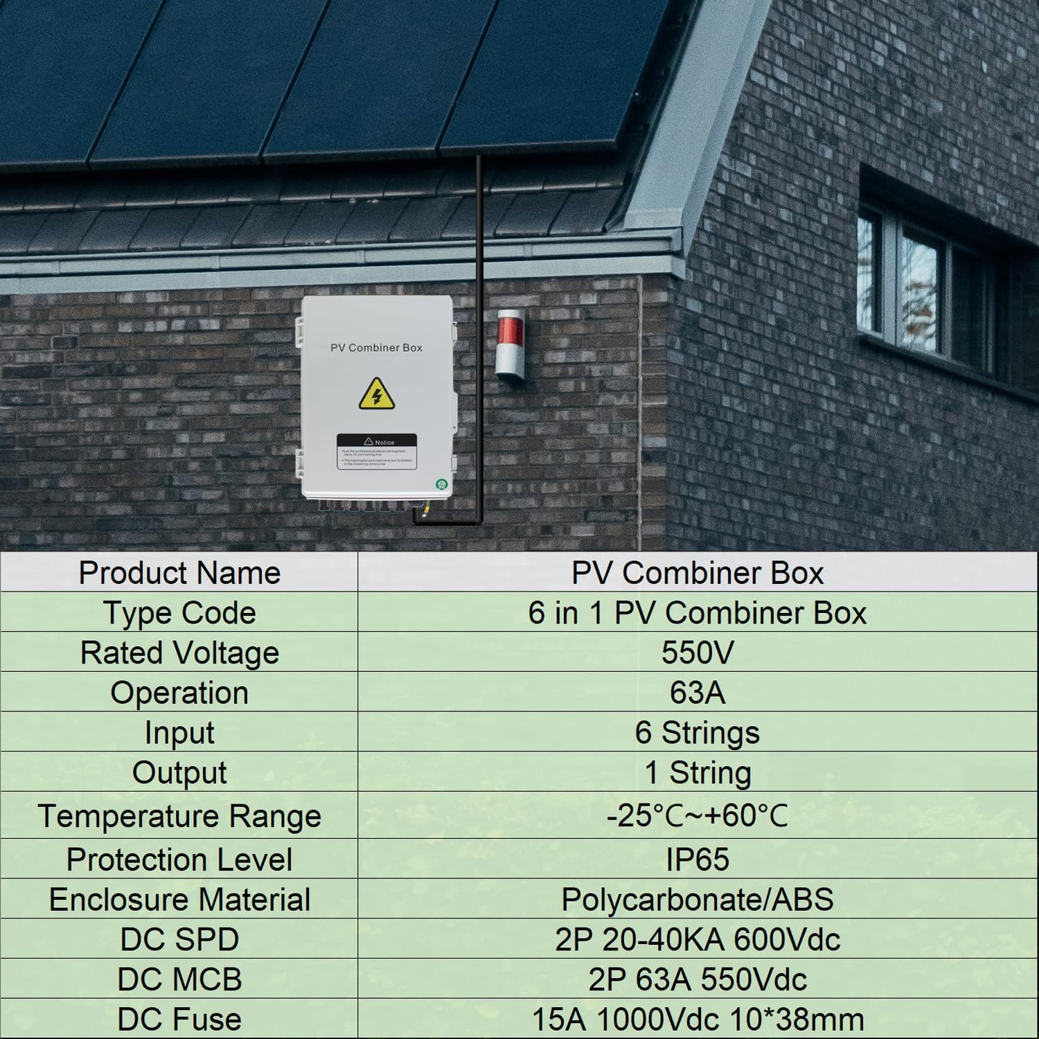 Solar Combiner Box, HXH PV Combiner Box 6 String with a 550V 2P 63A DC Circuit Breakers & Lightning Arreste for Solar Panels, IP 65 Waterproof