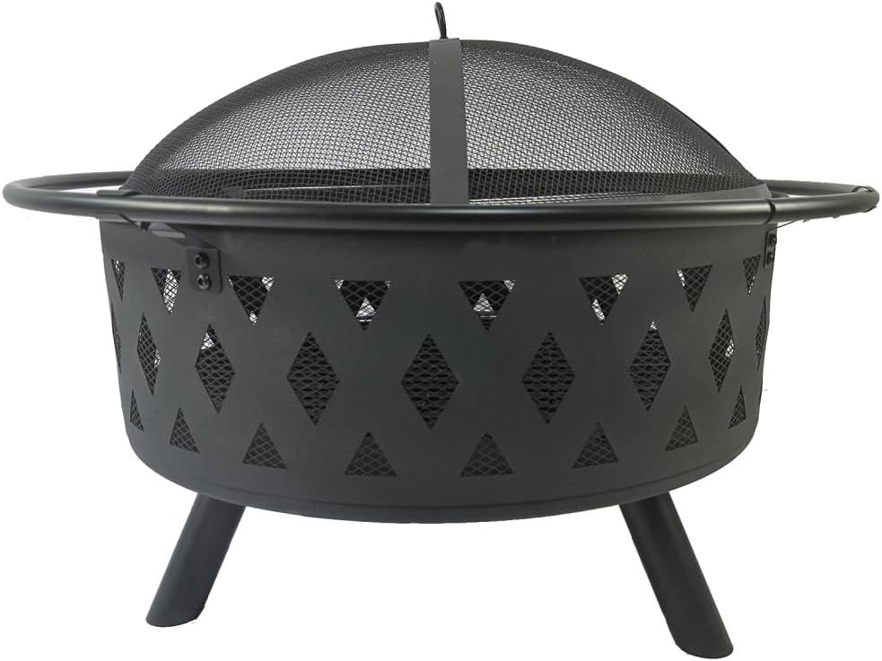 Large Round Fire Pit with Net Cover, Fire Poker & Diamond Mesh - Metal Wood Burning Outdoor Fire Pit for Courtyards, Backyards, Gardens - Ideal for Bonfire Parties, Christmas, Thanksgiving, Halloween