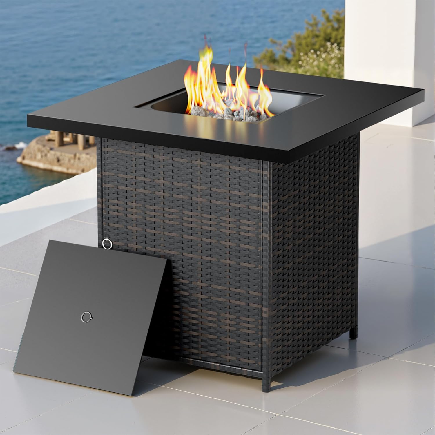 Propane Outdoor Fire Pit Table – 29'' Rattan Wicker Fire Table with Adjustable Flame, 50,000 BTU Gas FirePit, Easy Push-Turn Ignition, Clean Smokeless - for Patio, Garden & Backyard, Brown