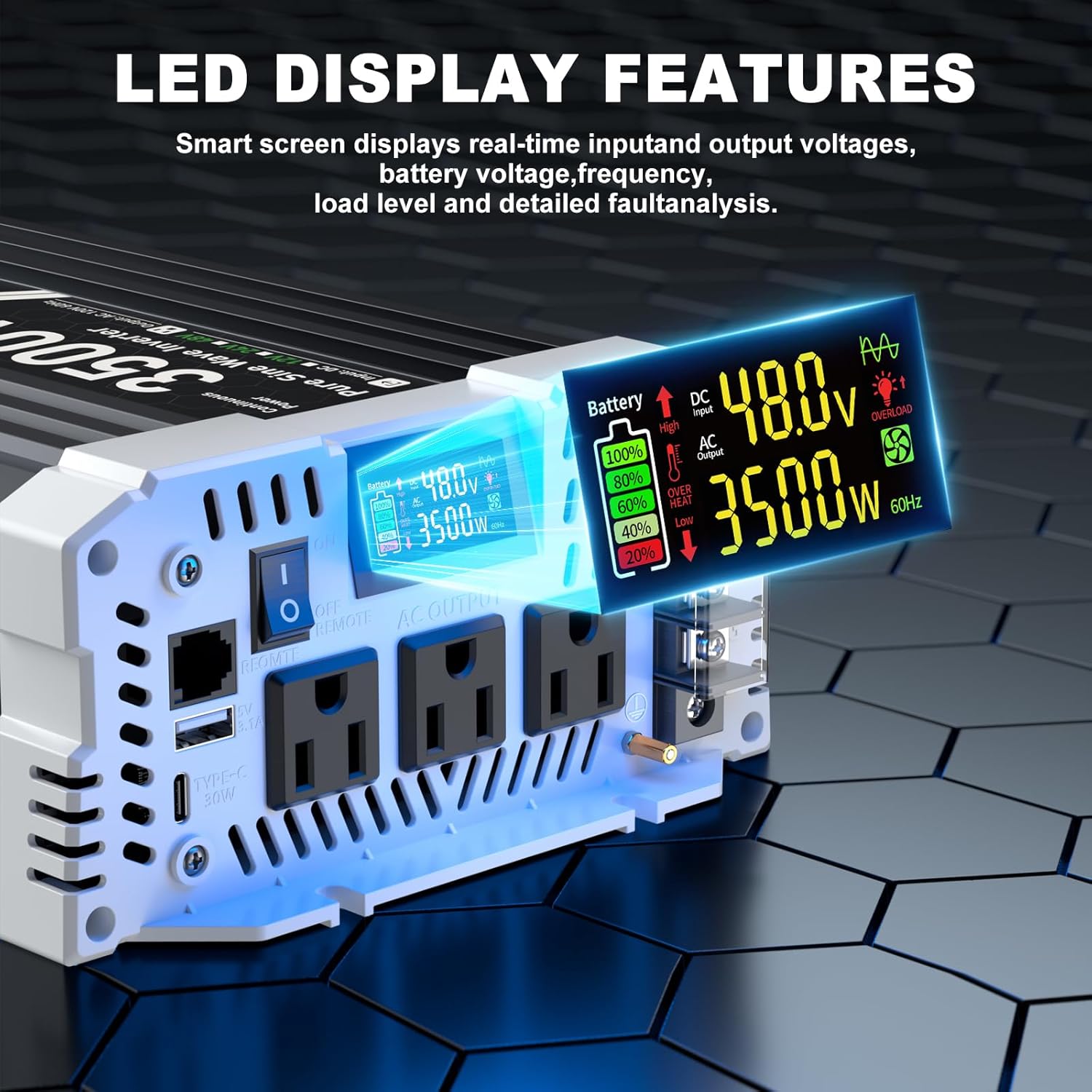 3500 watt Pure sine Wave Inverter, 48V DC to 110V AC Power Inverter, with 3 AC Output sockets, USB Port, Type-C Port, Remote Control with LCD Screen, Used for Solar Emergency Power Supply in RV Homes