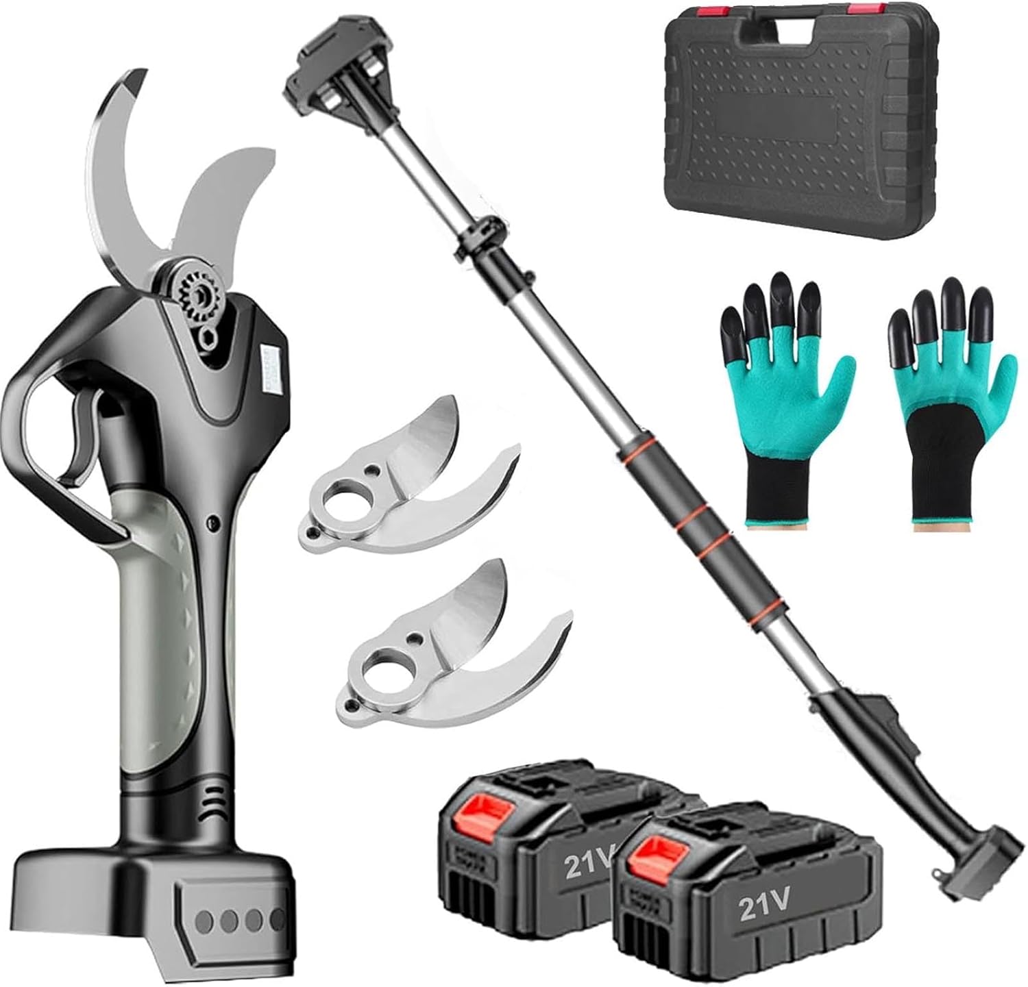 2-In-1 Electric Pole Pruning Shears Cordless,5cm Cutting Diameter 980w High-Altitude Pruner With 2.1m Reach Extension Pole, 21v Battery Powered Pole Pruner For Tree Trimming, Lcd Display,Silver