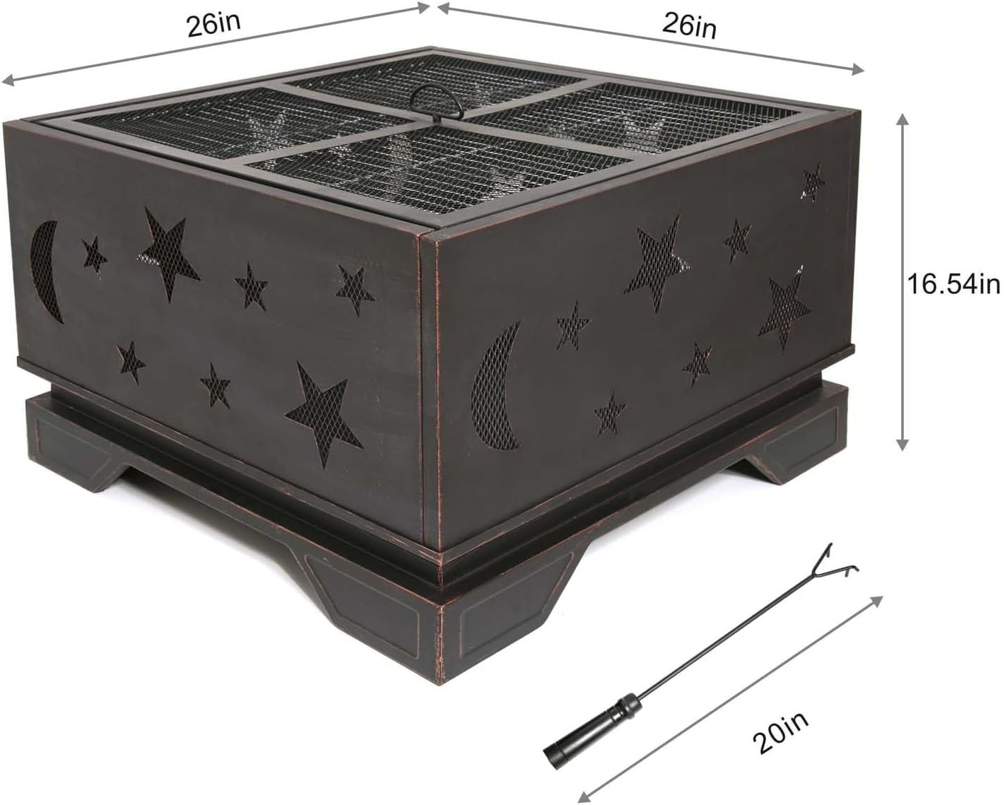 26 Inch Outdoor Fire Pit with BBQ Grill, Portable Square Fire Pit, Wood Burning Fire Pit with Poker, Large Burning Space Fireplace for Patio Garden Camping Backyard Picnic Bonfire