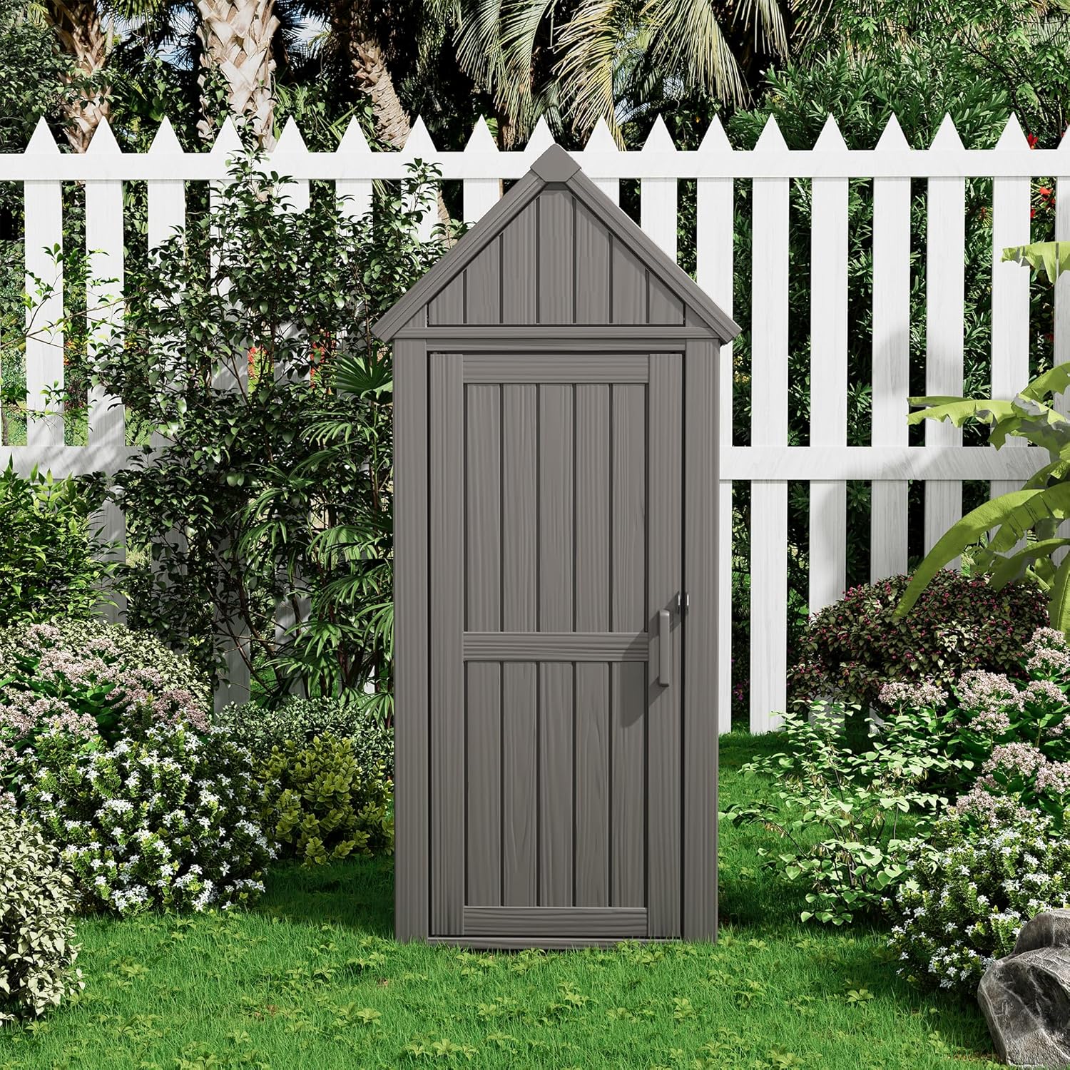 Fancyango Outdoor Resin Storage Shed, Upgrade Sturdy Storage Cabinet with Removable Shelves and Lock Ring, Reinforced Floor, All-Weather Construction for Garden Patio Lawn (Black) (Grey)