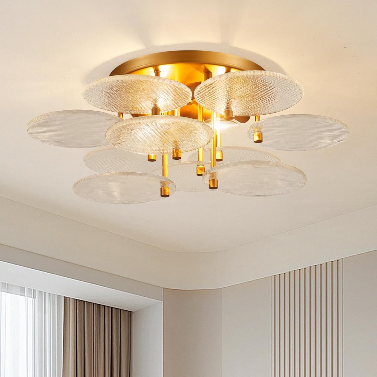 24” Large Rippled Glass Ceiling Light Brass Modern Chandelier Contemporaneity Classic Ceiling Lighting Fixtures for Bedroom Living Room Dining Room Entryway, UL Listed