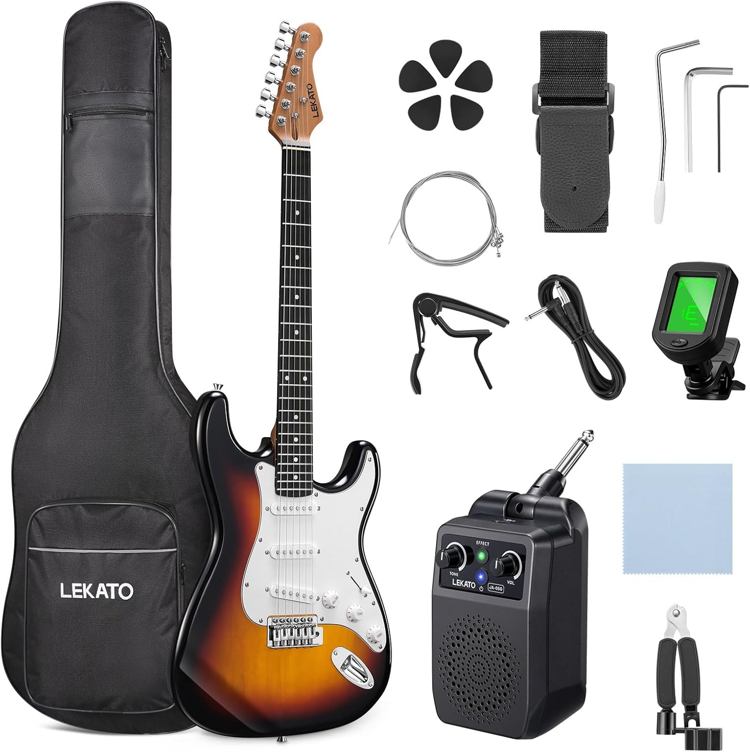LEKATO Beginner Electric Guitar Kit Solid Body 39 Inch Full Size Guitar SSS for Starter with 5w Plug-in Amp, Bag, Tuner, Capo, Shoulder Strap, Picks, String, String Winder&Cutter - Sunburst