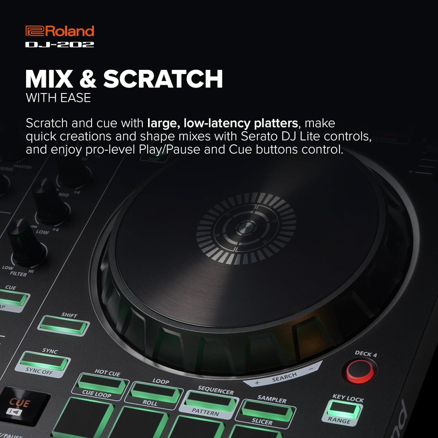 Roland DJ-202 Compact DJ Controller | 2-Channel, 4-Deck Controller for Serato DJ Lite | Large, Low-Latency Platters | Iconic Roland Drum Kit Sounds