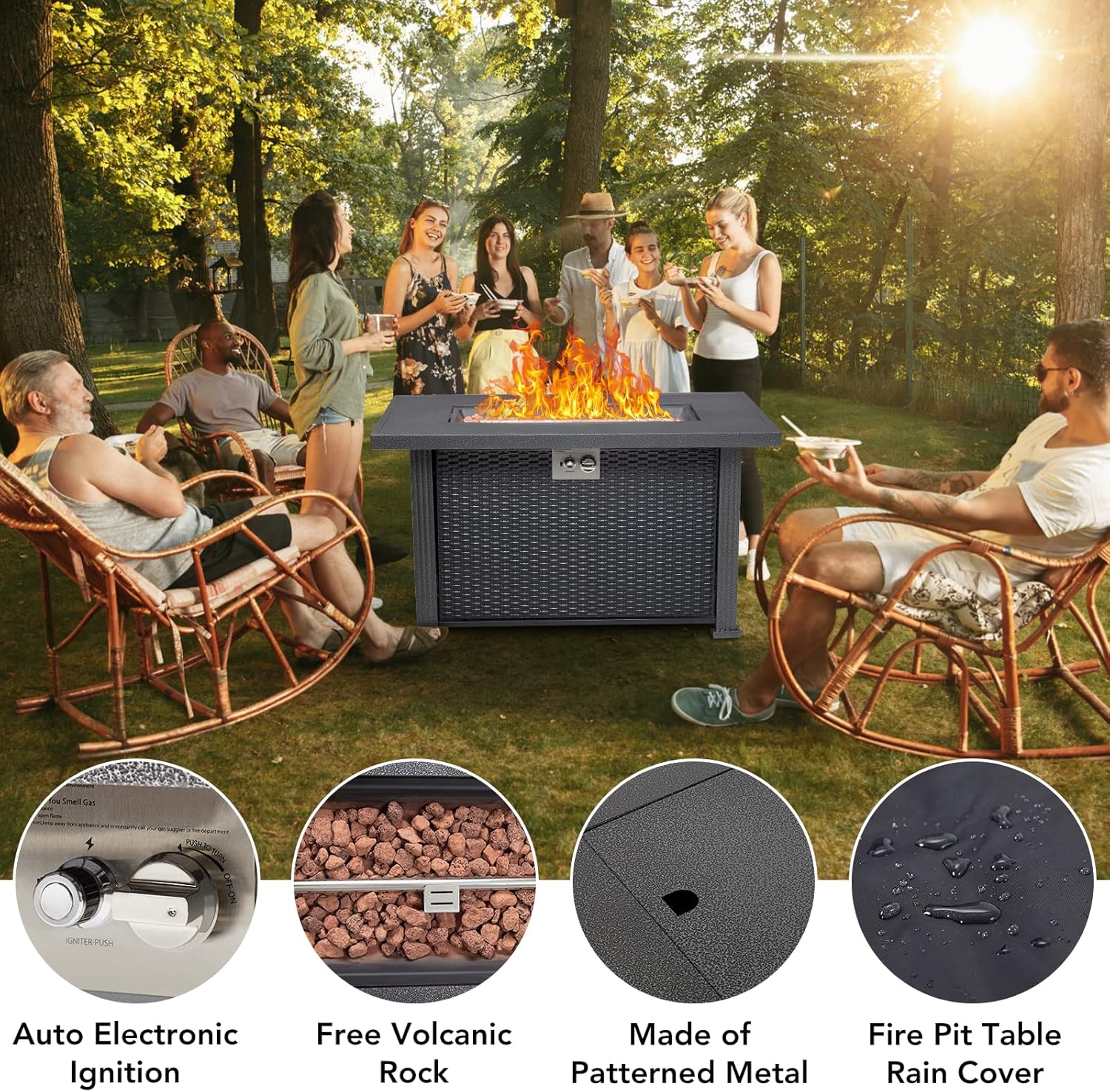 44 Inch Propane Fire Pit Table, 50000BTU Rectangle Fire Table with Cover & Rain Cover, Sturdy Steel and Iron Fence Surface, CSA Safety Certified, Companion for Your Garden